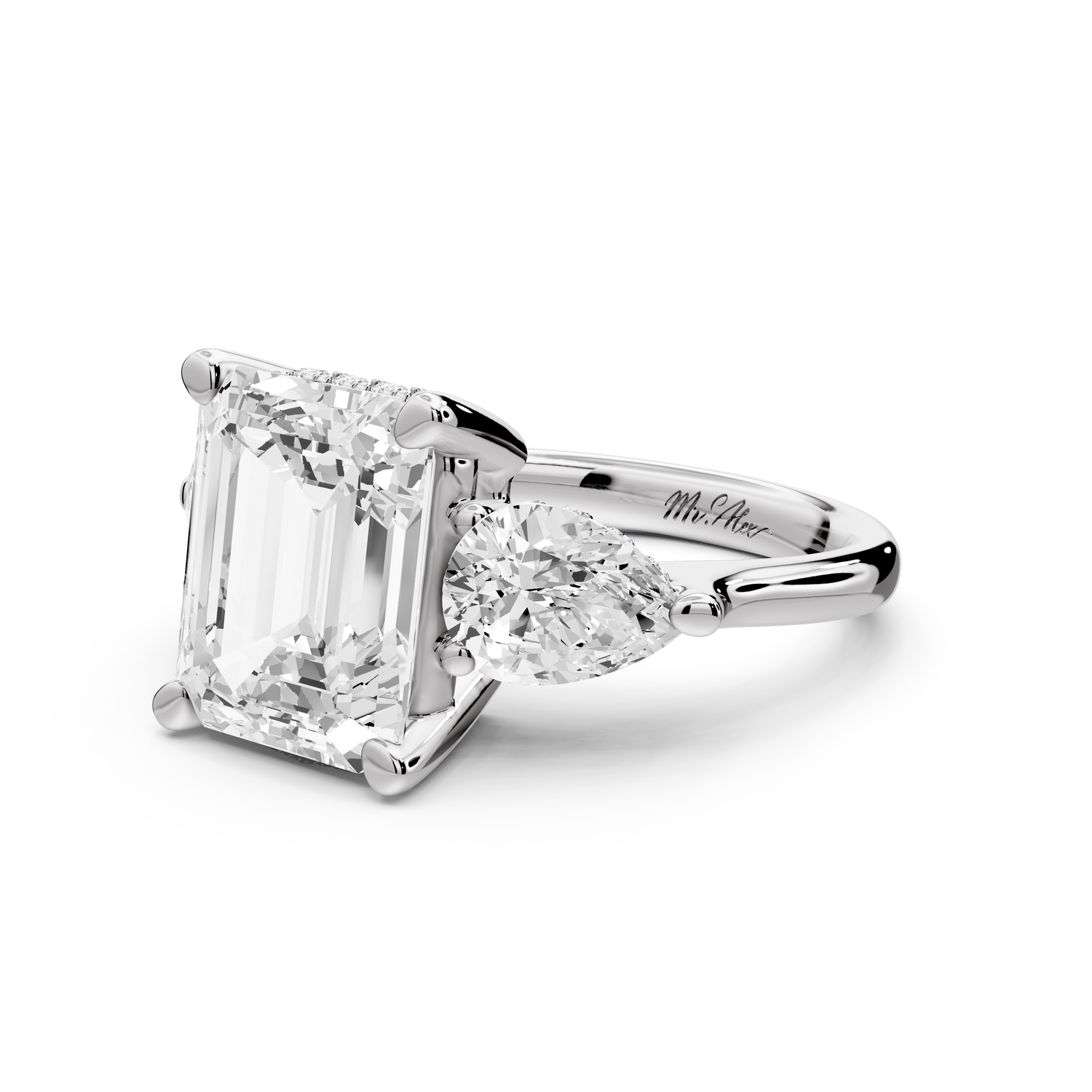 Stella - 4ct 14k white gold Three Stone emerald with pears Hidden Halo Engagement Ring