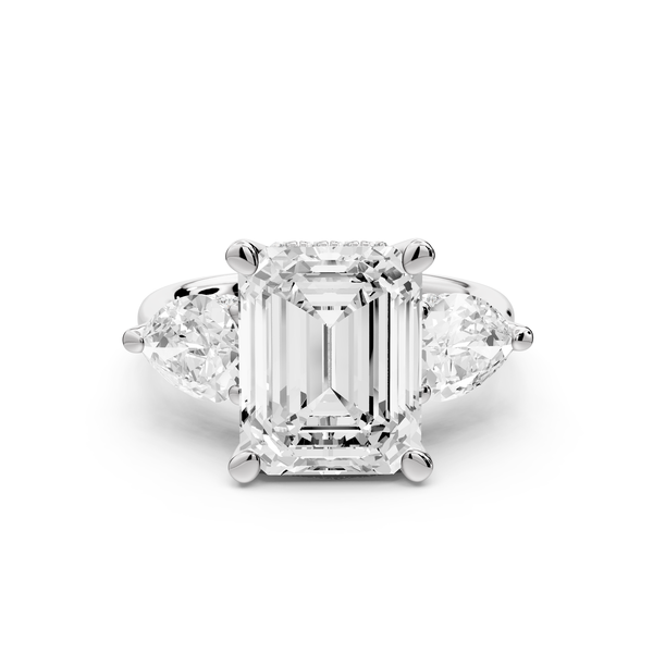 Stella - 4ct 14k white gold Three Stone emerald with pears Hidden Halo Engagement Ring