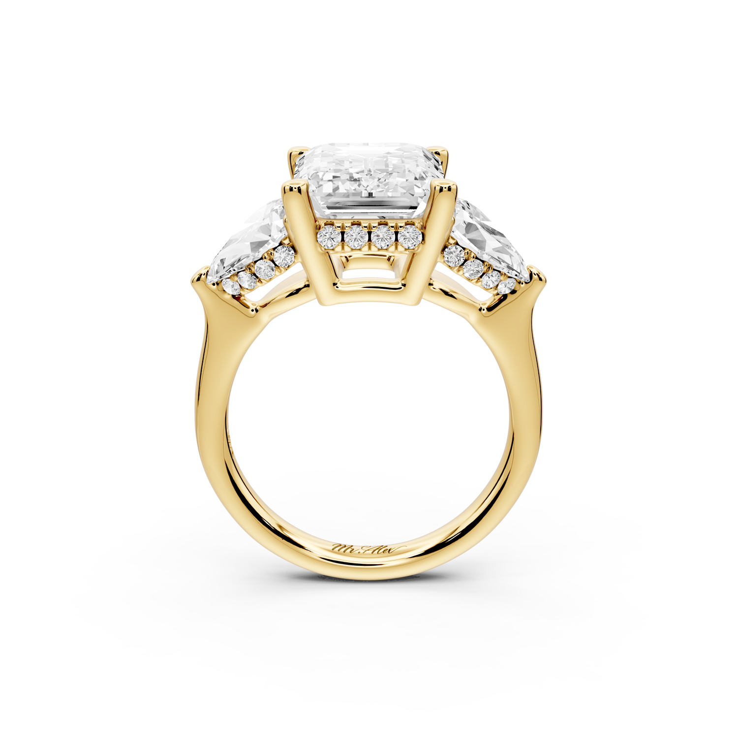 Stella - 4ct 14k yellow gold Three Stone emerald with pears Hidden Halo Engagement Ring