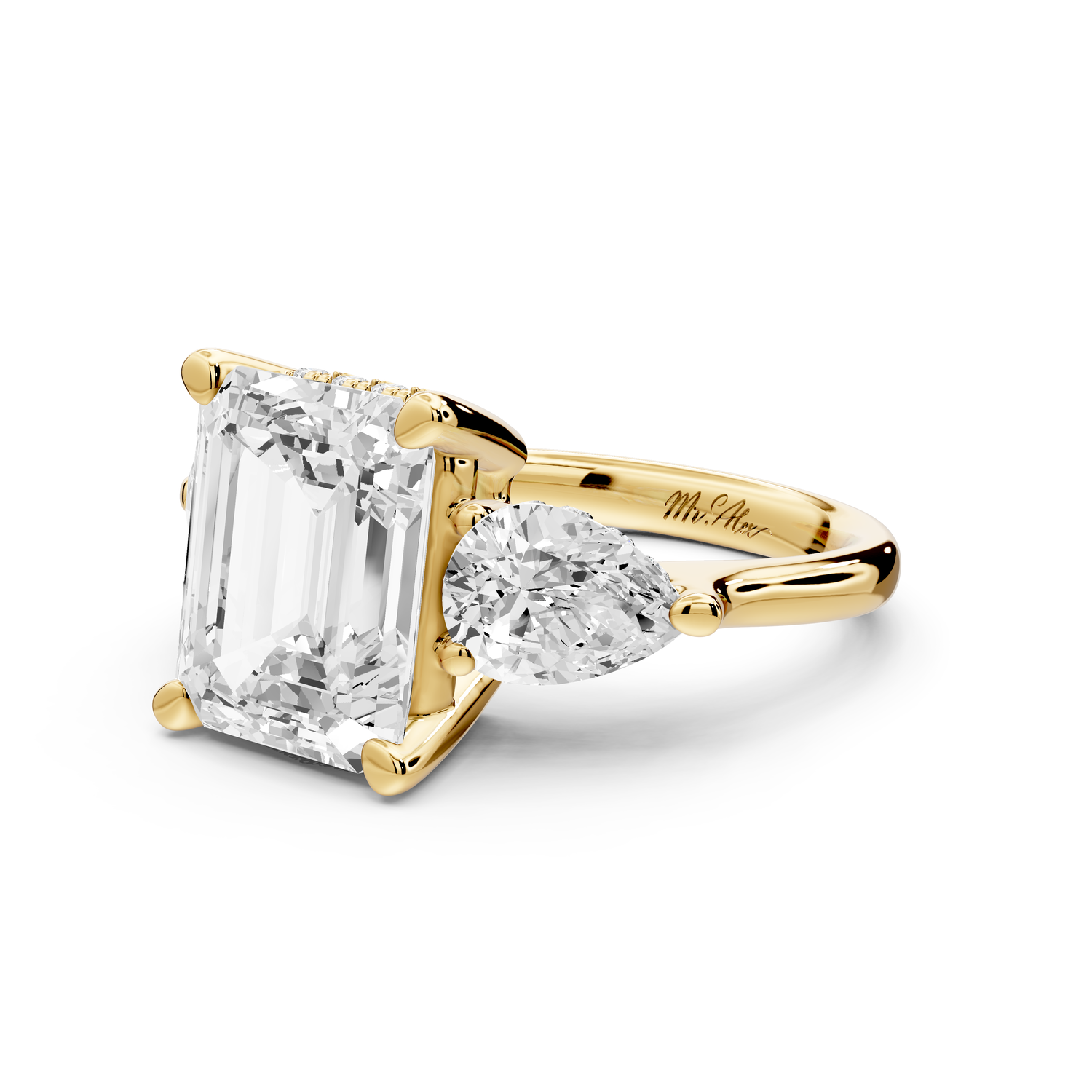 Stella - 4ct 14k yellow gold Three Stone emerald with pears Hidden Halo Engagement Ring