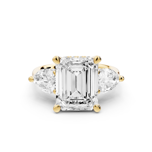 Stella - 4ct 14k yellow gold Three Stone emerald with pears Hidden Halo Engagement Ring