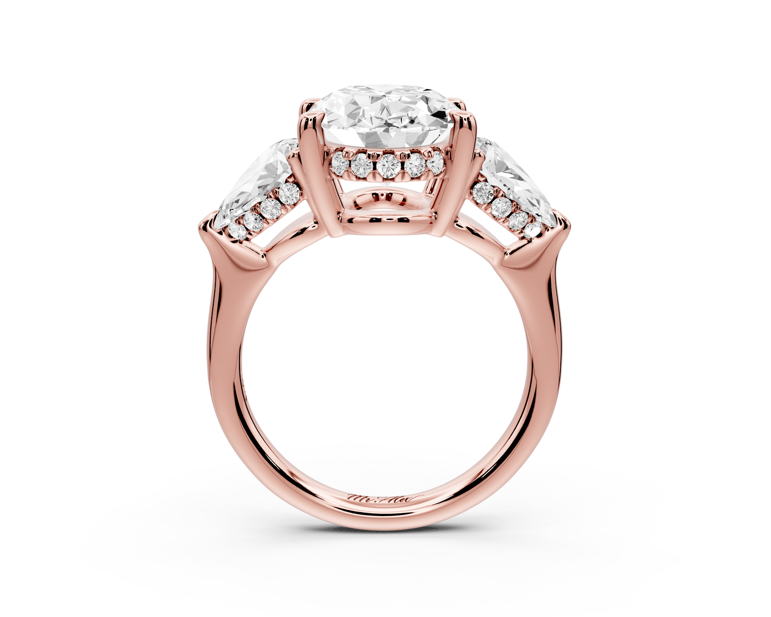 Stella - 4ct 14k rose gold Three Stone oval with pears Hidden Halo Engagement Ring