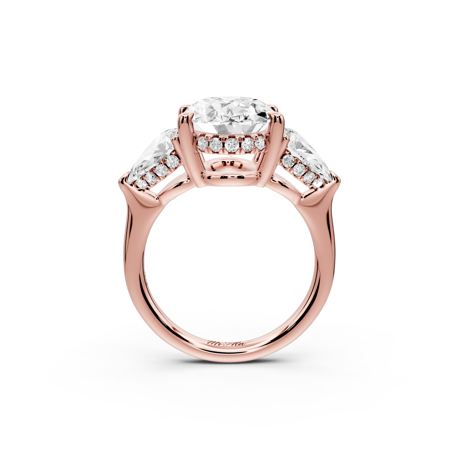 Stella - 4ct 14k rose gold Three Stone oval with pears Hidden Halo Engagement Ring