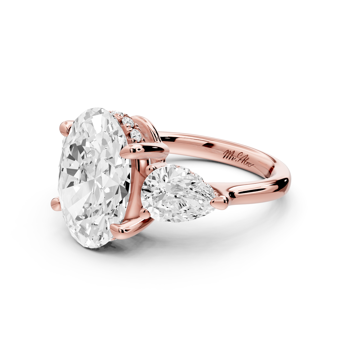 Stella - 4ct 14k rose gold Three Stone oval with pears Hidden Halo Engagement Ring
