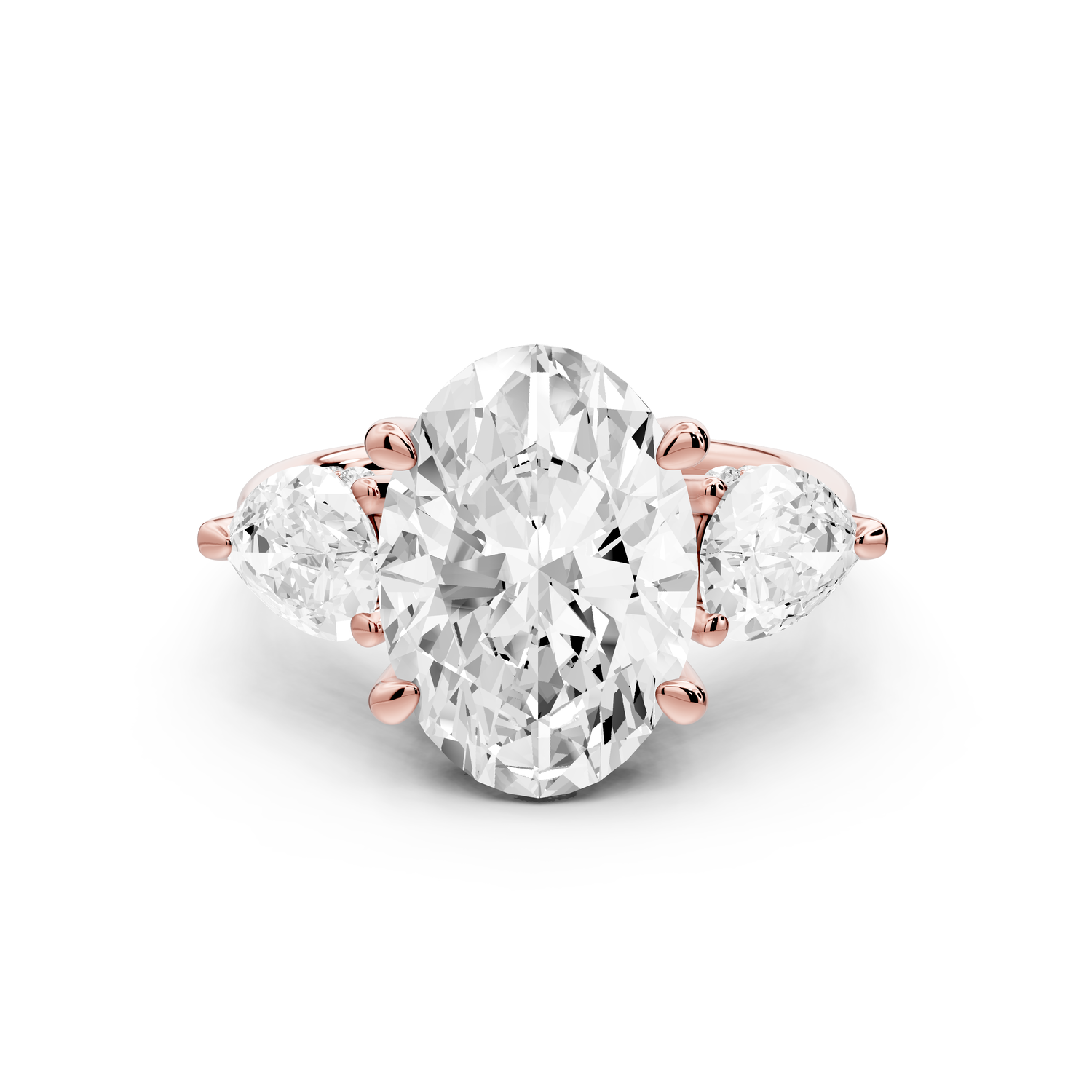Stella - 4ct 14k rose gold Three Stone oval with pears Hidden Halo Engagement Ring