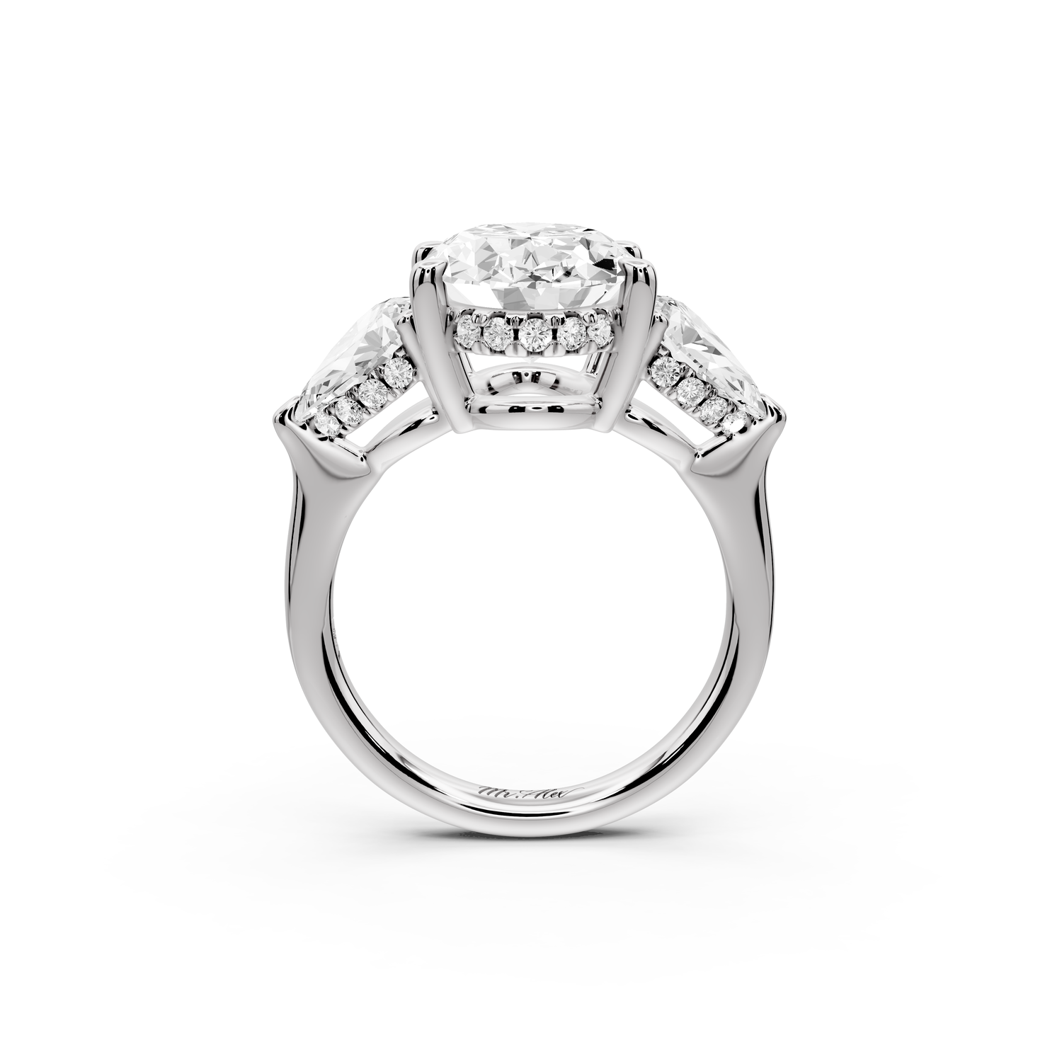Stella - 4ct 14k white gold Three Stone oval with pears Hidden Halo Engagement Ring