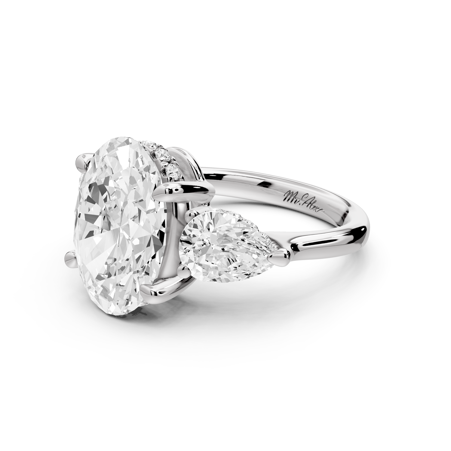 Stella - 4ct 14k white gold Three Stone oval with pears Hidden Halo Engagement Ring