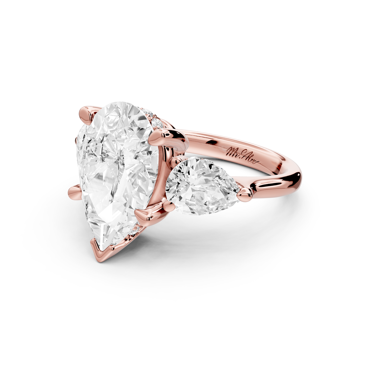 Stella - 4ct 14k rose gold Three Stone pear with pears Hidden Halo Engagement Ring