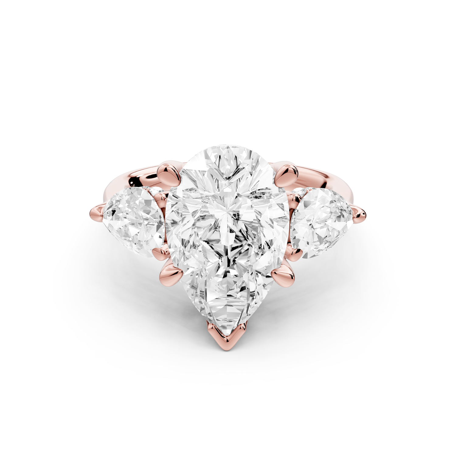 Stella - 4ct 14k rose gold Three Stone pear with pears Hidden Halo Engagement Ring