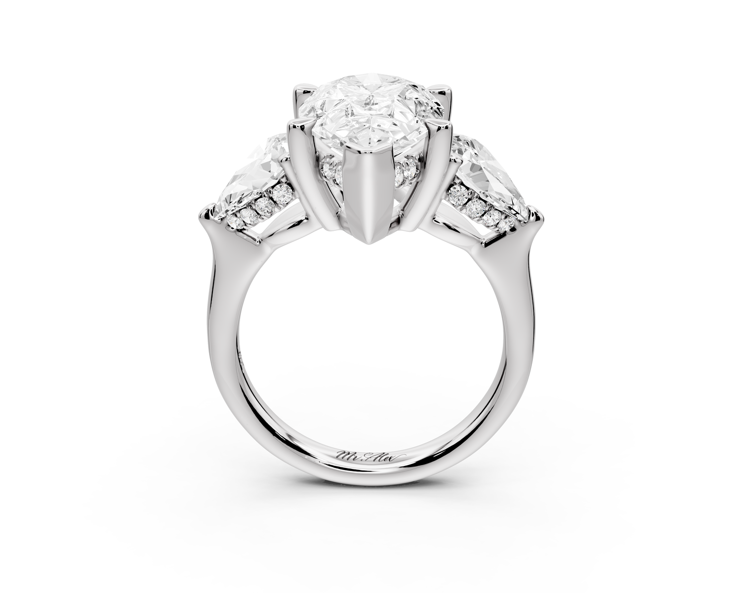 Stella - 4ct 14k white gold Three Stone pear with pears Hidden Halo Engagement Ring