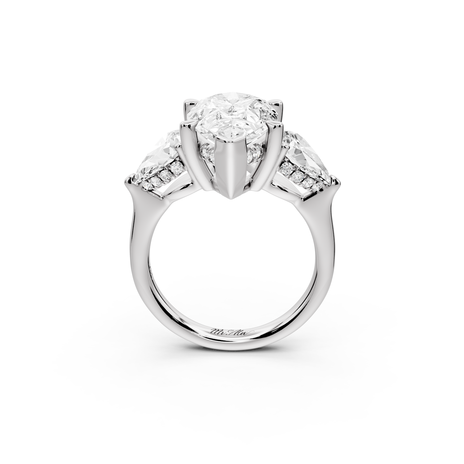 Stella - 4ct 14k white gold Three Stone pear with pears Hidden Halo Engagement Ring