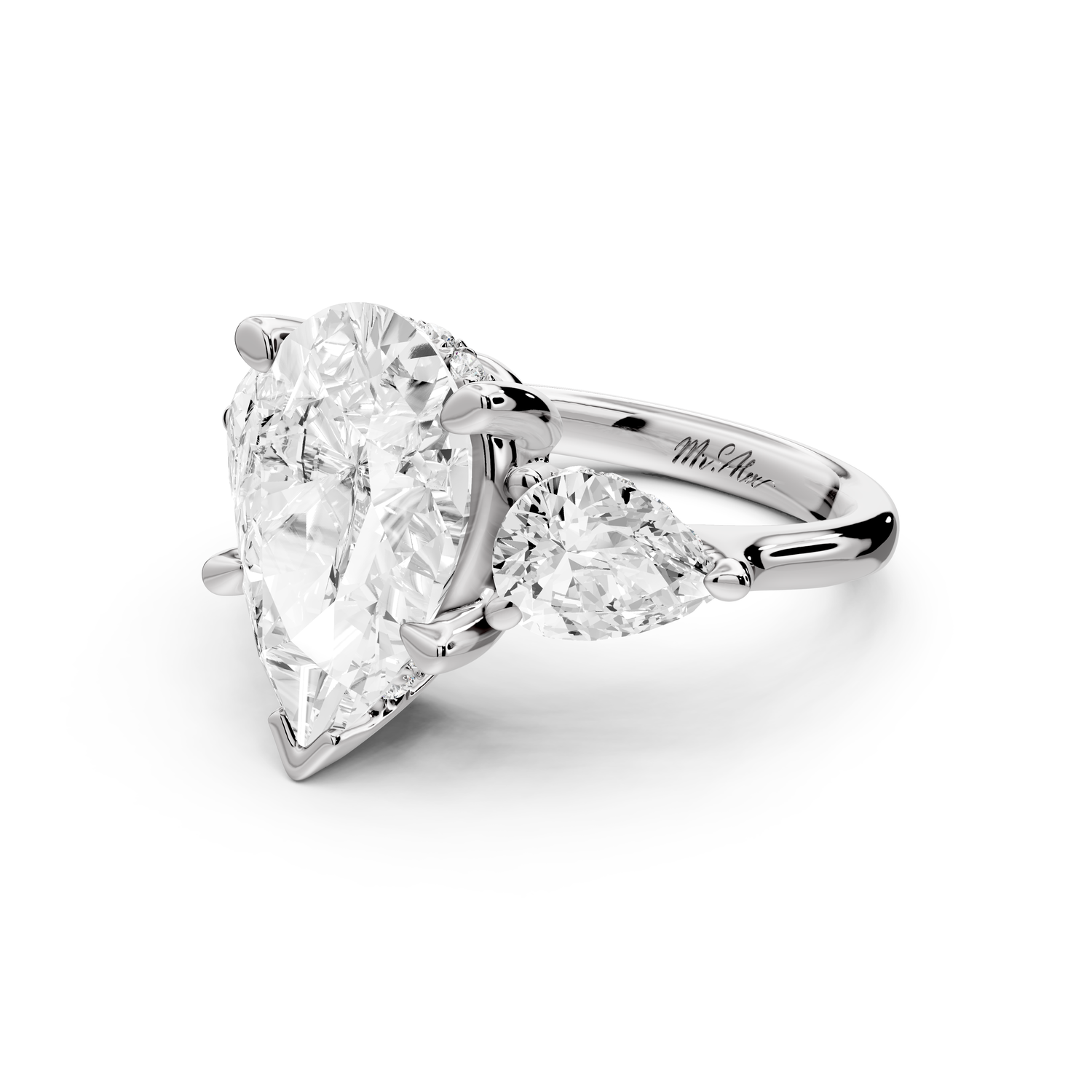 Stella - 4ct 14k white gold Three Stone pear with pears Hidden Halo Engagement Ring