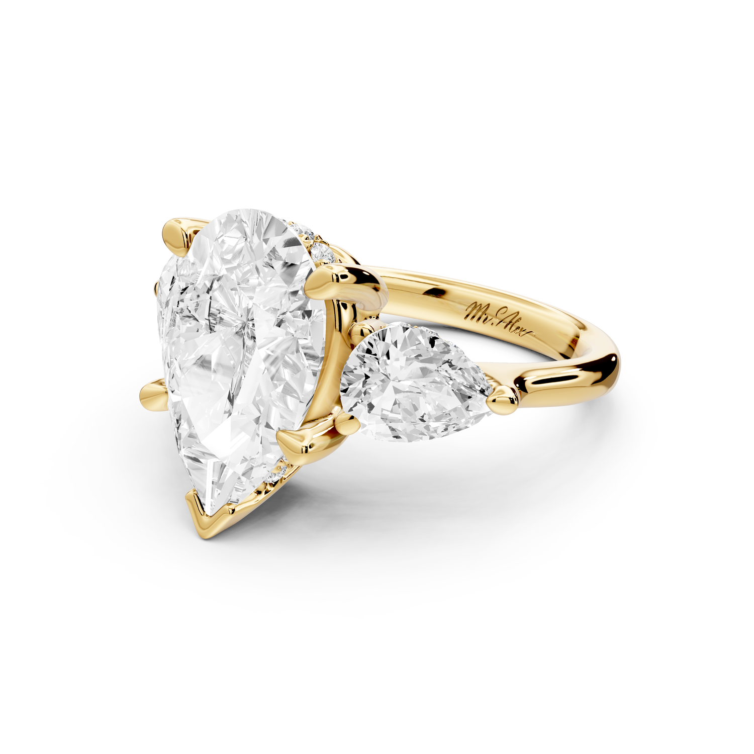 Stella - 4ct 14k yellow gold Three Stone pear with pears Hidden Halo Engagement Ring