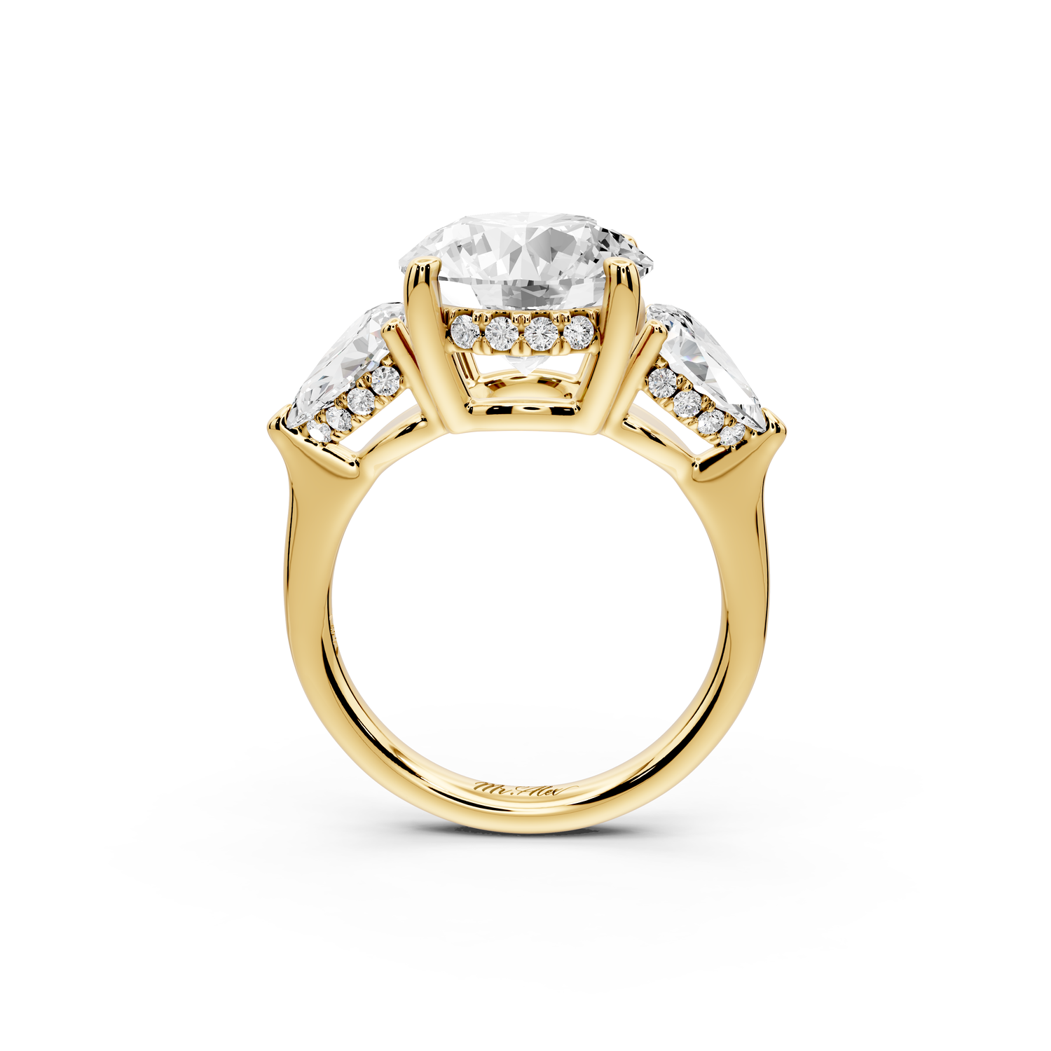 Stella - 4ct 14k yellow gold Three Stone round with pears Hidden Halo Engagement Ring