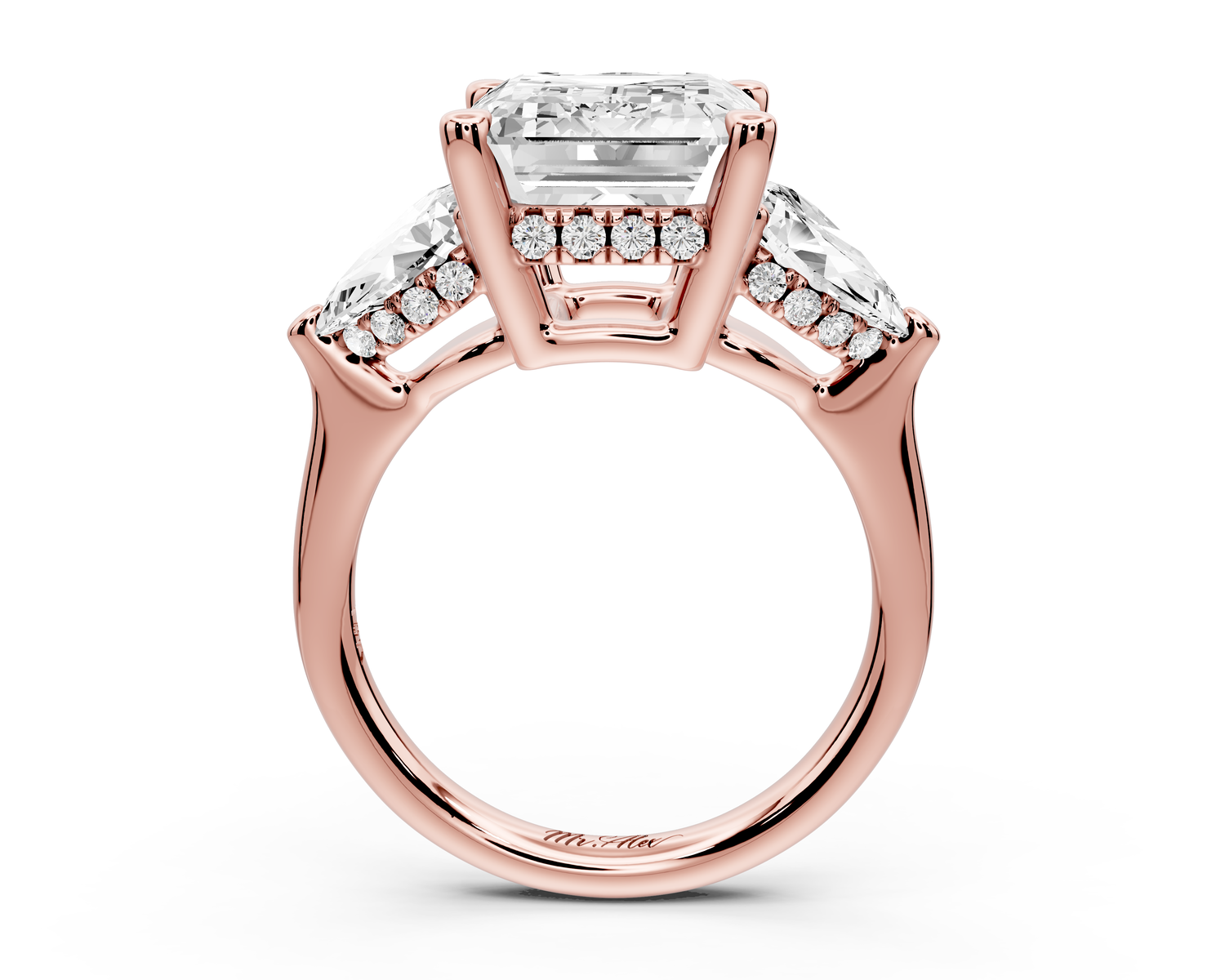 Stella - 5ct 14k rose gold Three Stone emerald with pears Hidden Halo Engagement Ring