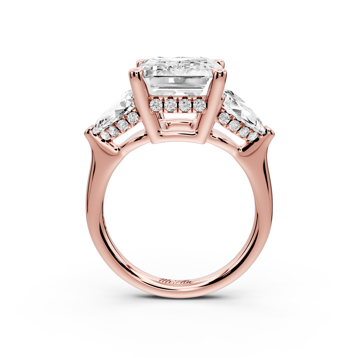 Stella - 5ct 14k rose gold Three Stone emerald with pears Hidden Halo Engagement Ring