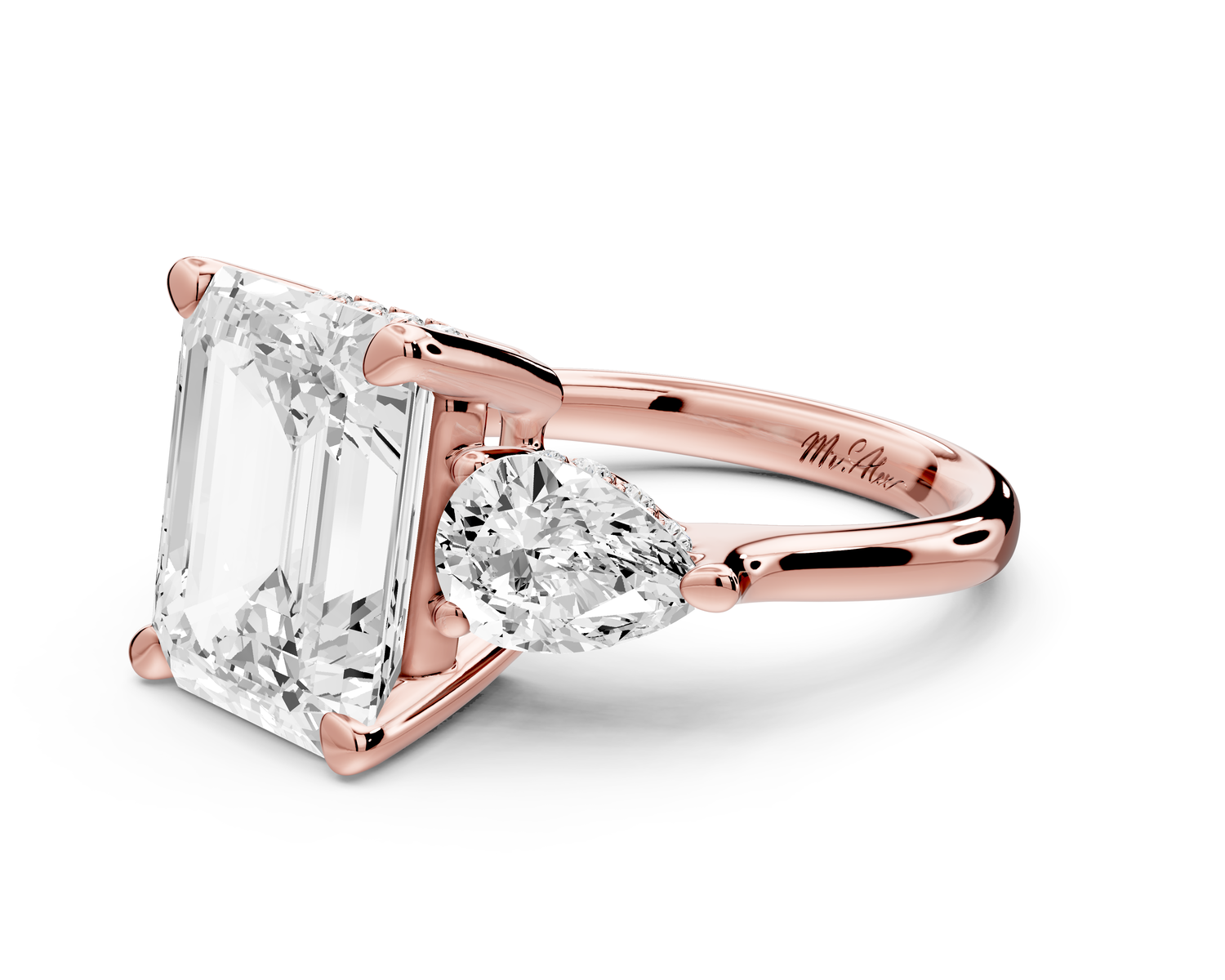 Stella - 5ct 14k rose gold Three Stone emerald with pears Hidden Halo Engagement Ring