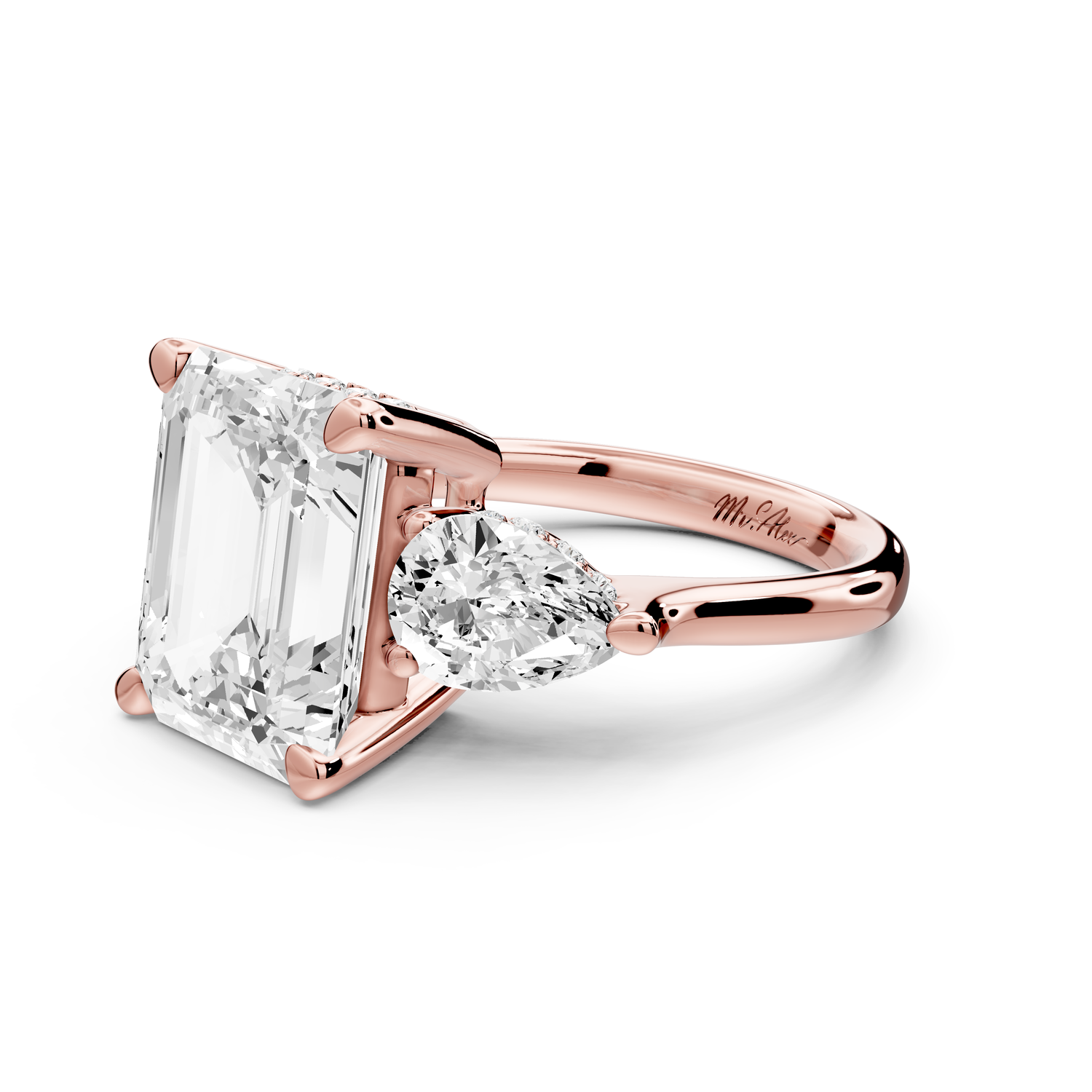 Stella - 5ct 14k rose gold Three Stone emerald with pears Hidden Halo Engagement Ring
