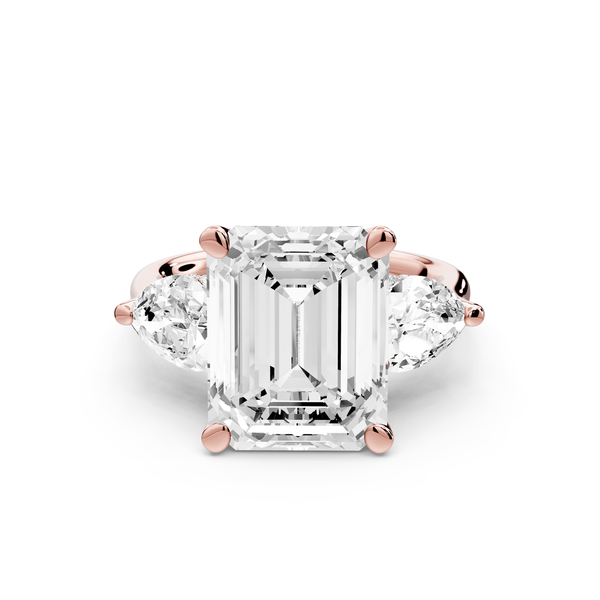 Stella - 5ct 14k rose gold Three Stone emerald with pears Hidden Halo Engagement Ring