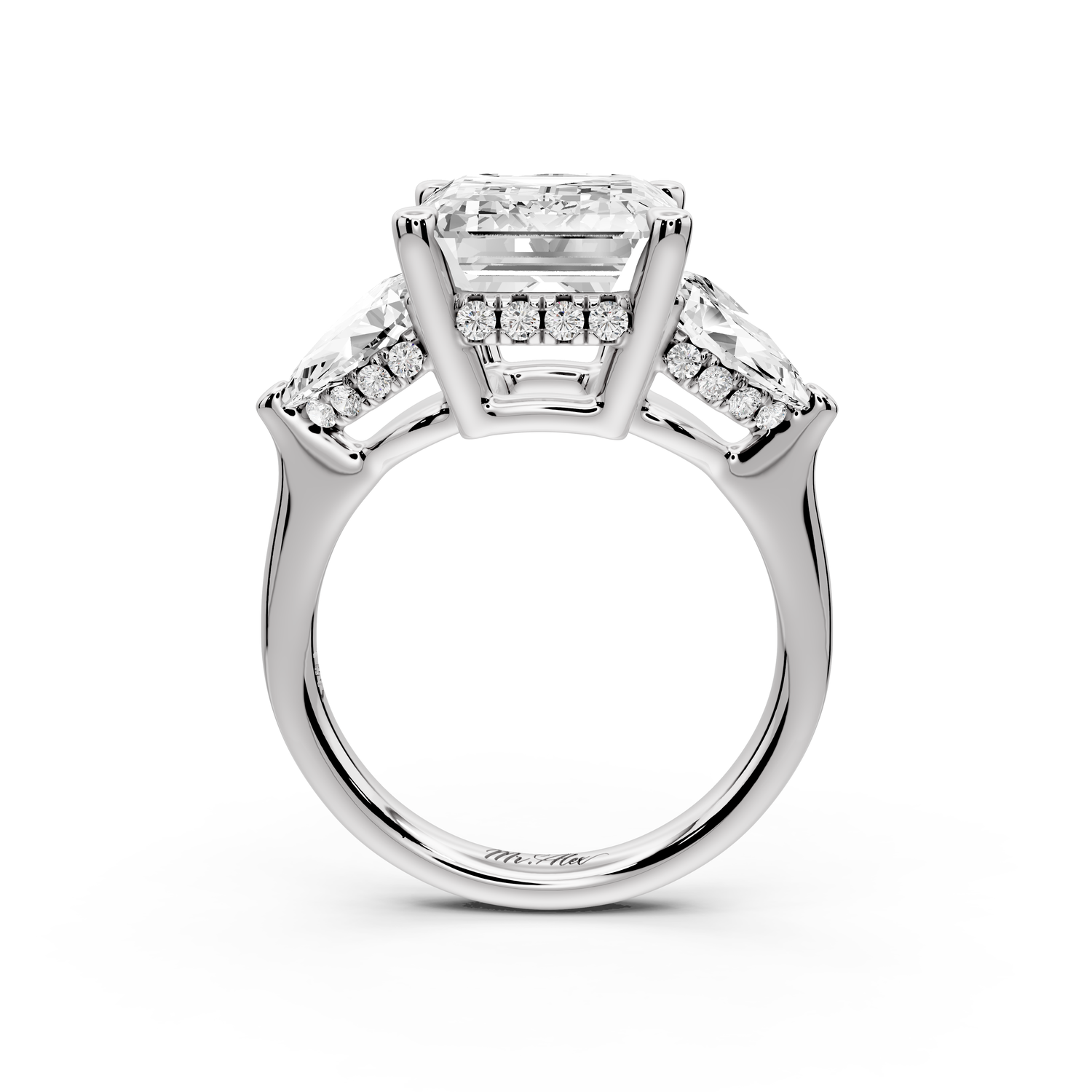 Stella - 5ct 14k white gold Three Stone emerald with pears Hidden Halo Engagement Ring