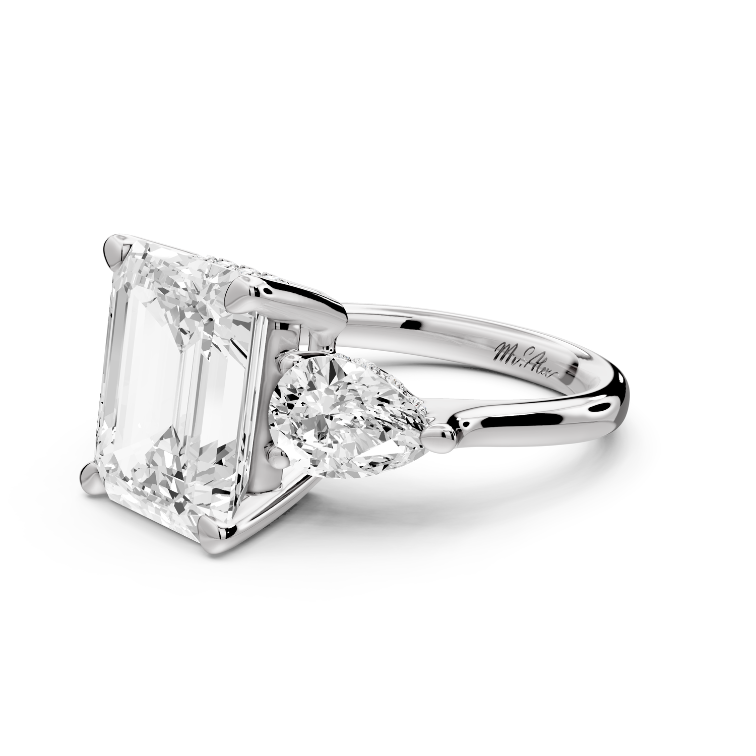 Stella - 5ct 14k white gold Three Stone emerald with pears Hidden Halo Engagement Ring