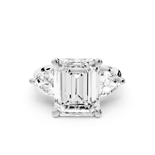 Stella - 5ct 14k white gold Three Stone emerald with pears Hidden Halo Engagement Ring