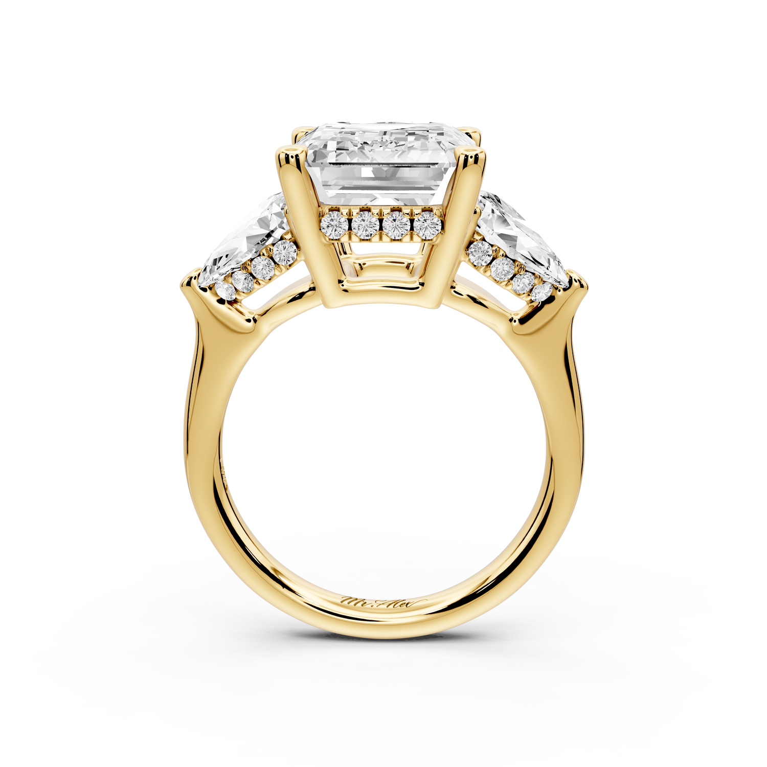 Stella - 5ct 14k yellow gold Three Stone emerald with pears Hidden Halo Engagement Ring