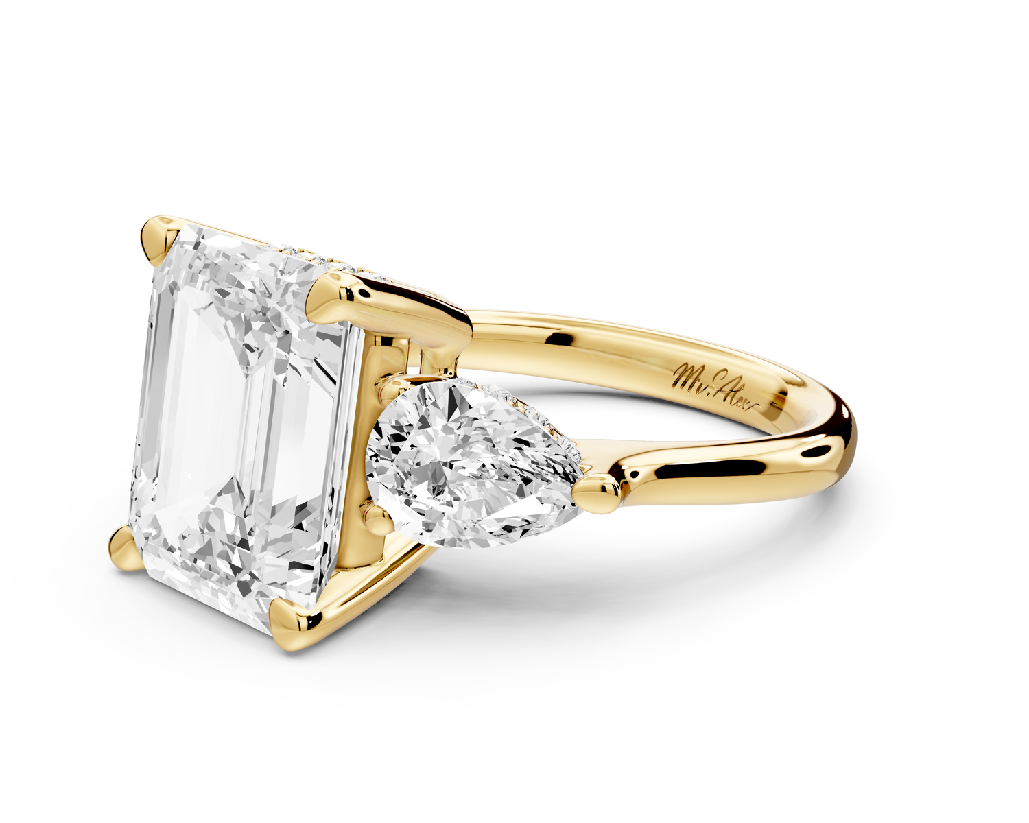 Stella - 5ct 14k yellow gold Three Stone emerald with pears Hidden Halo Engagement Ring