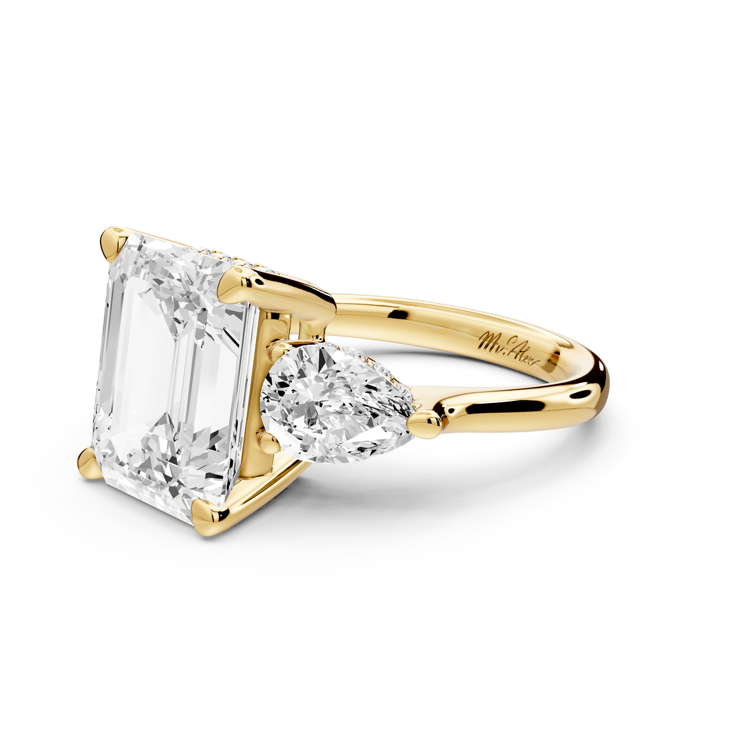 Stella - 5ct 14k yellow gold Three Stone emerald with pears Hidden Halo Engagement Ring