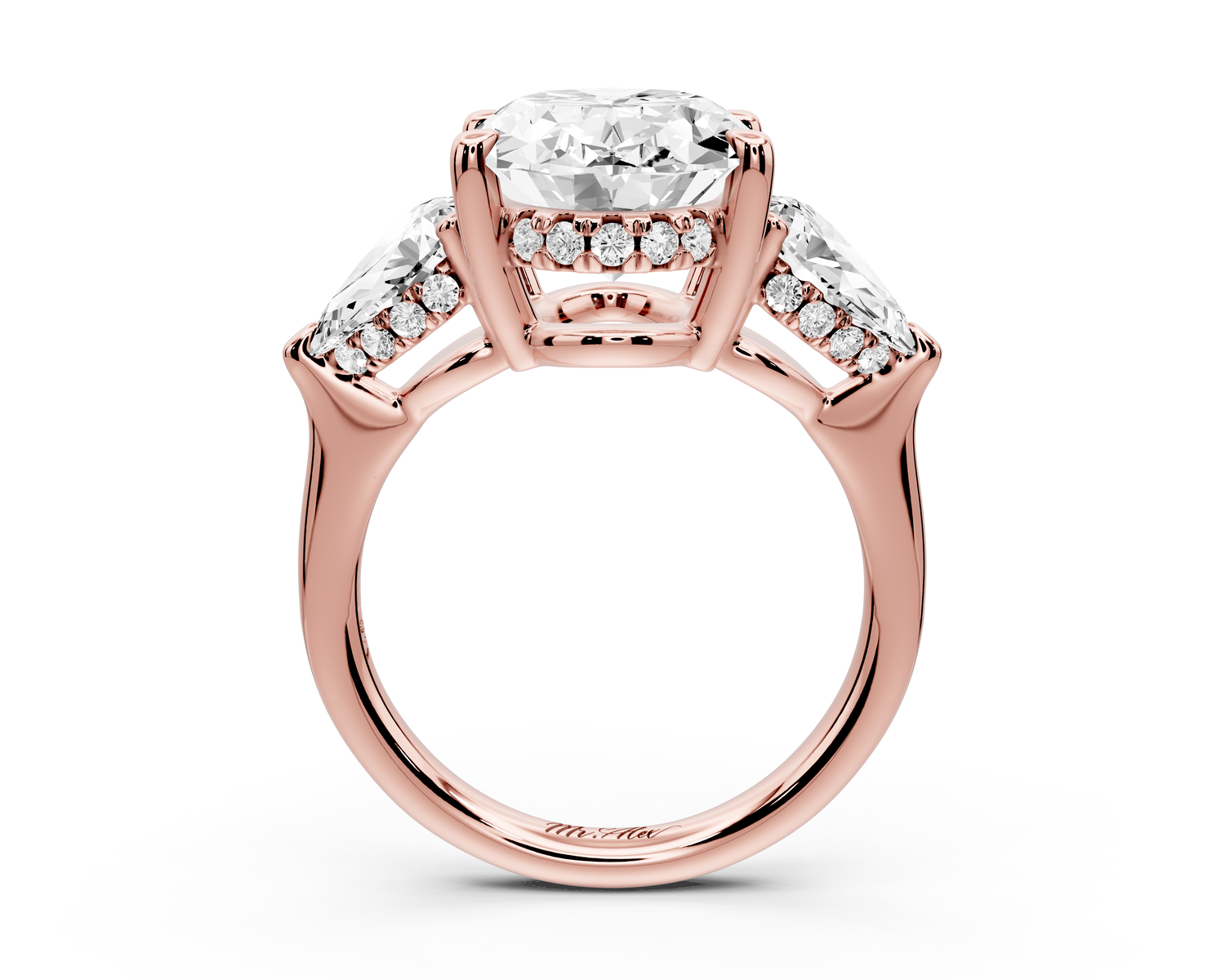 Stella - 5ct 14k rose gold Three Stone oval with pears Hidden Halo Engagement Ring