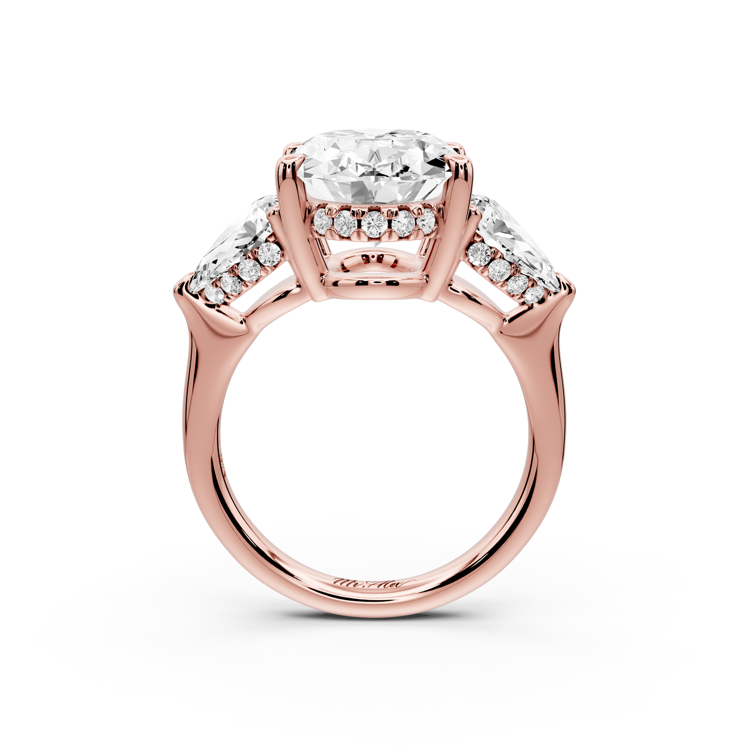 Stella - 5ct 14k rose gold Three Stone oval with pears Hidden Halo Engagement Ring