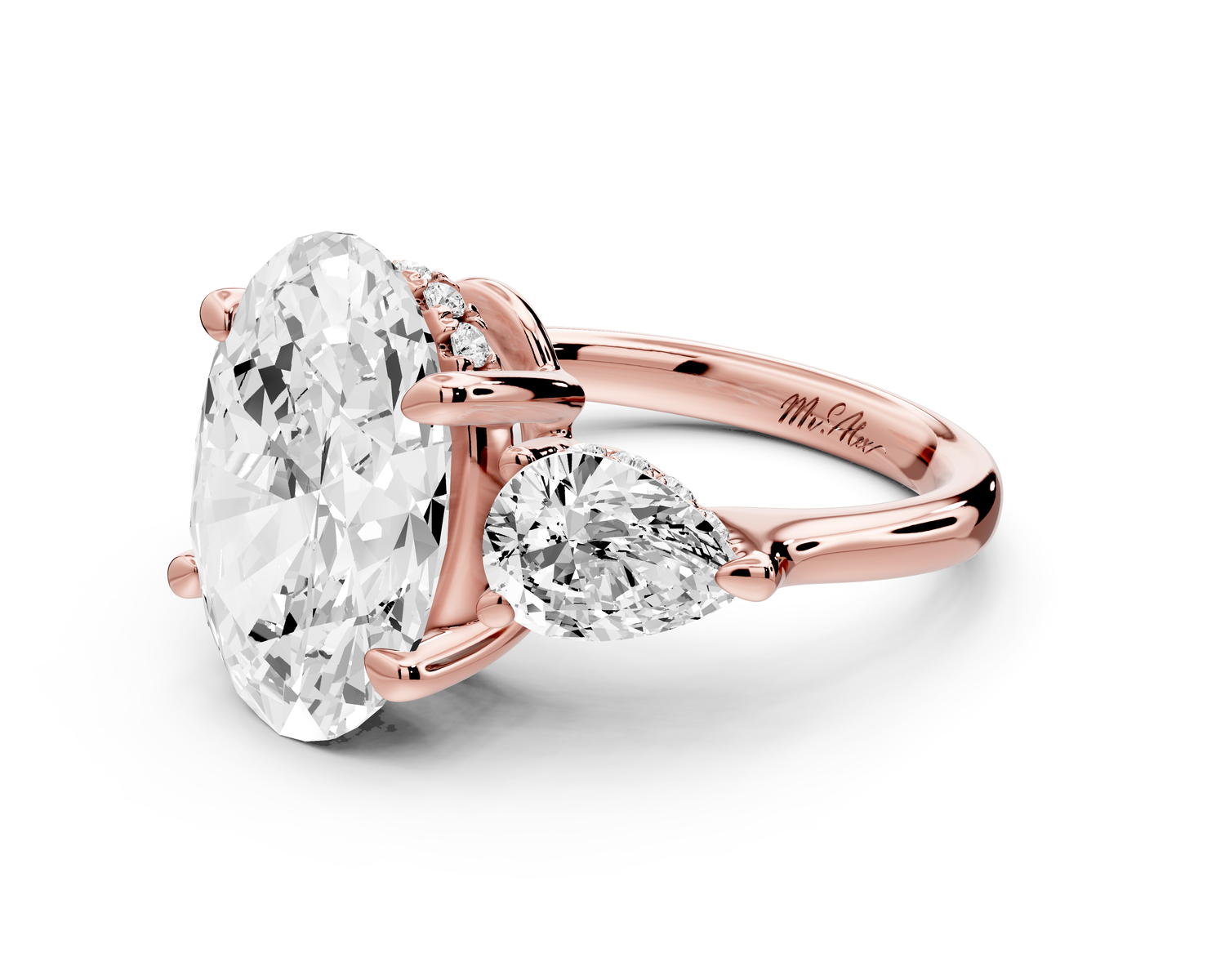 Stella - 5ct 14k rose gold Three Stone oval with pears Hidden Halo Engagement Ring