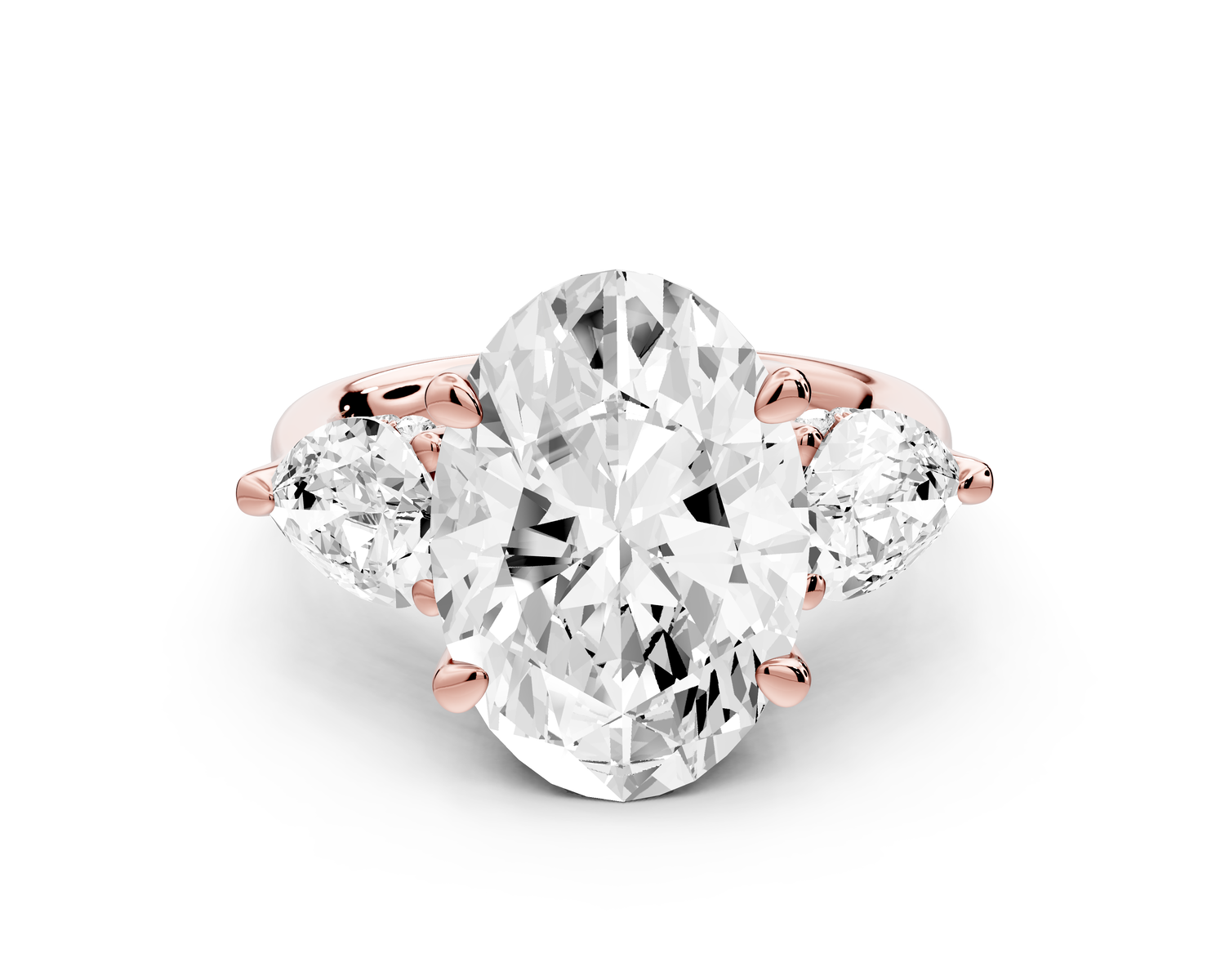 Stella - 5ct 14k rose gold Three Stone oval with pears Hidden Halo Engagement Ring