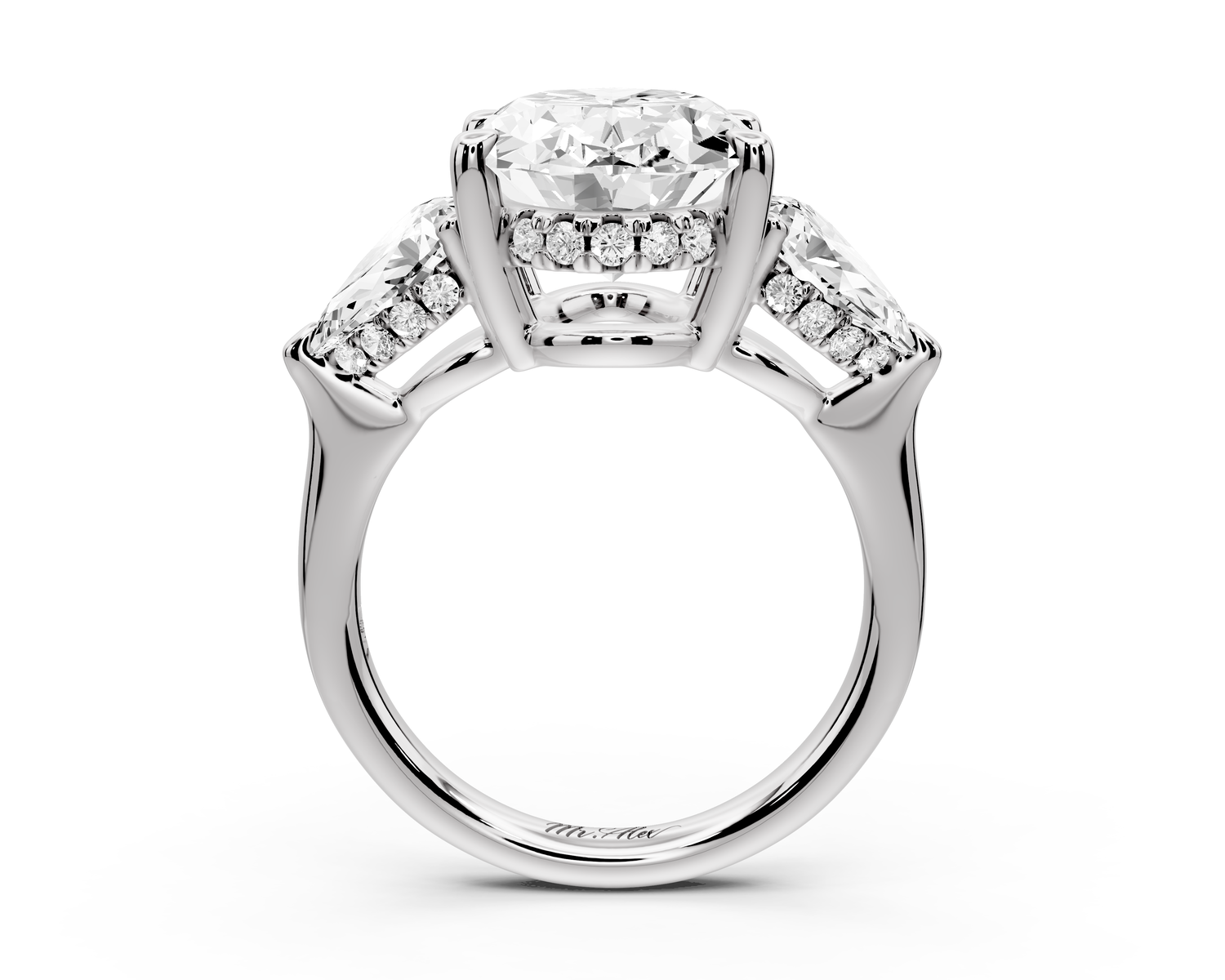 Stella - 5ct 14k white gold Three Stone oval with pears Hidden Halo Engagement Ring
