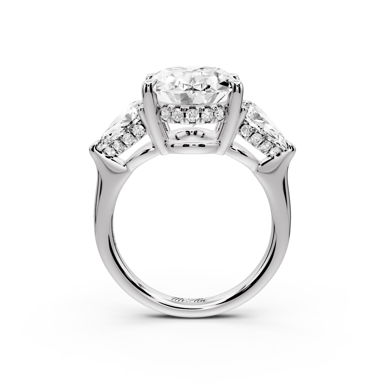 Stella - 5ct 14k white gold Three Stone oval with pears Hidden Halo Engagement Ring