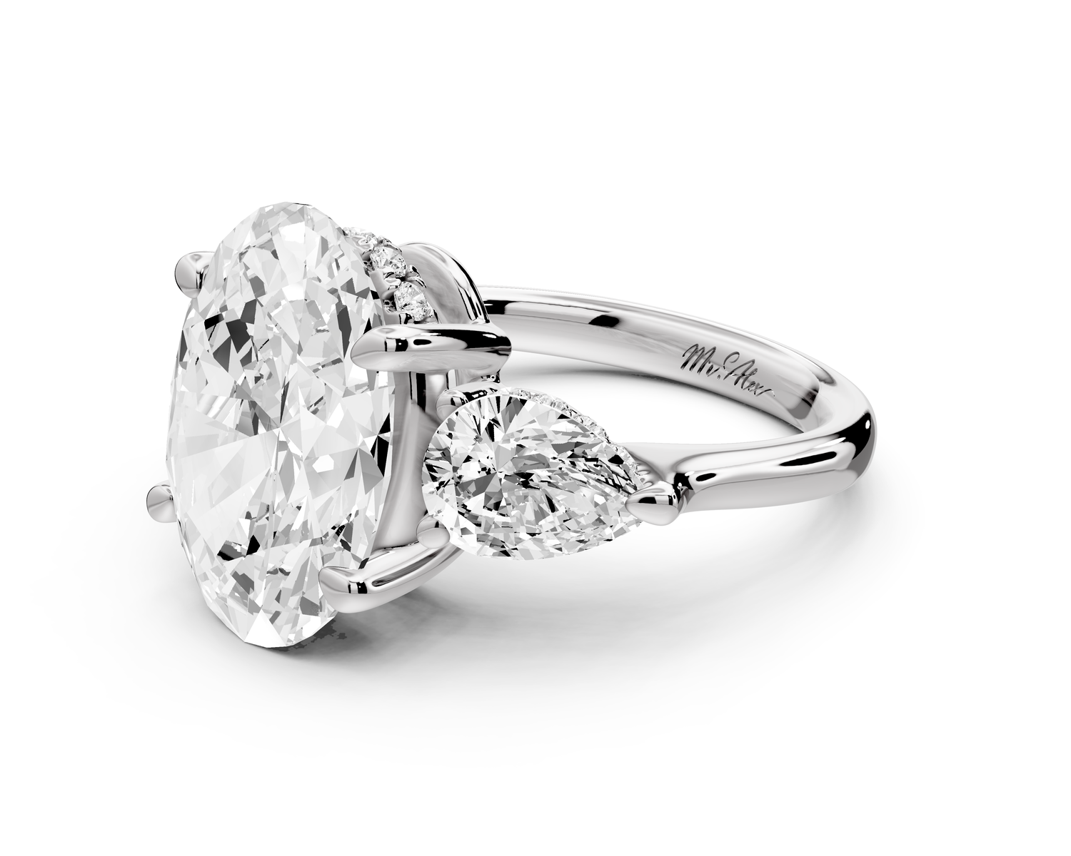 Stella - 5ct 14k white gold Three Stone oval with pears Hidden Halo Engagement Ring