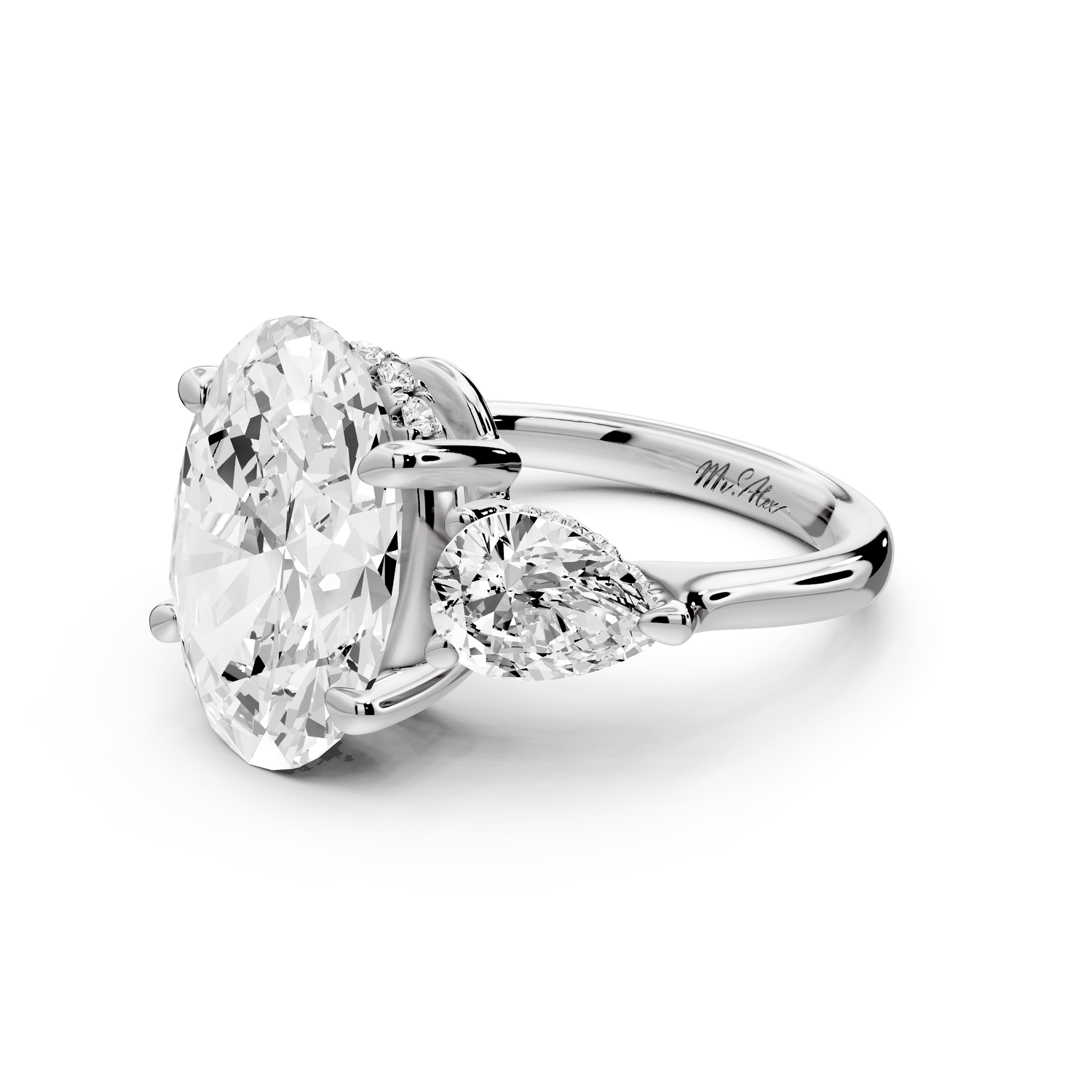 Stella - 5ct 14k white gold Three Stone oval with pears Hidden Halo Engagement Ring