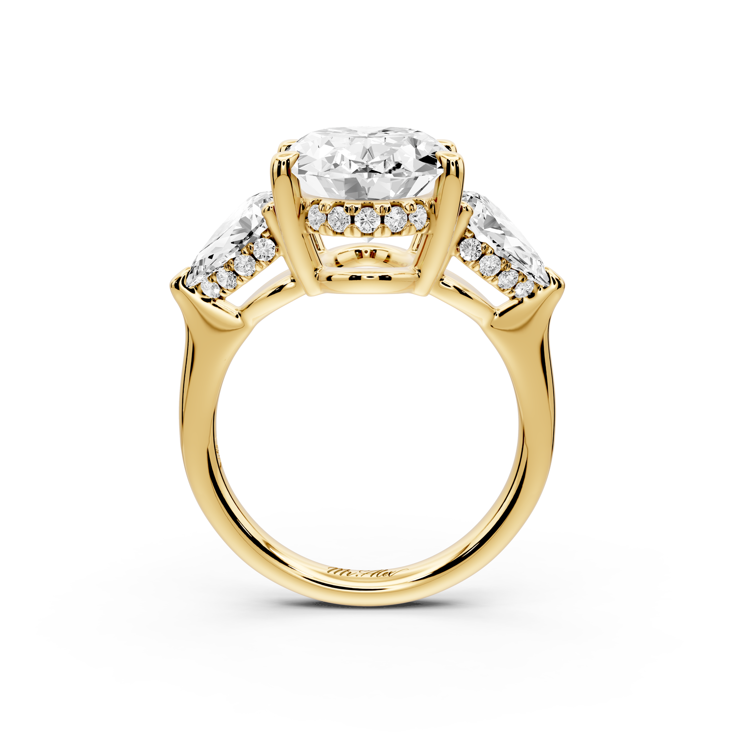 Stella - 5ct 14k yellow gold Three Stone oval with pears Hidden Halo Engagement Ring