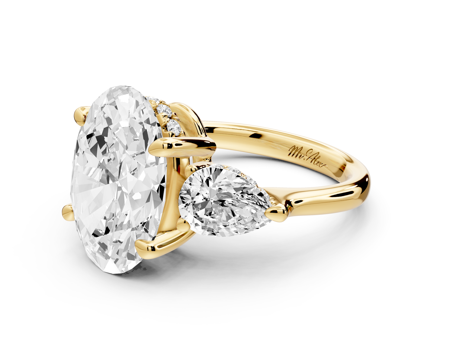 Stella - 5ct 14k yellow gold Three Stone oval with pears Hidden Halo Engagement Ring