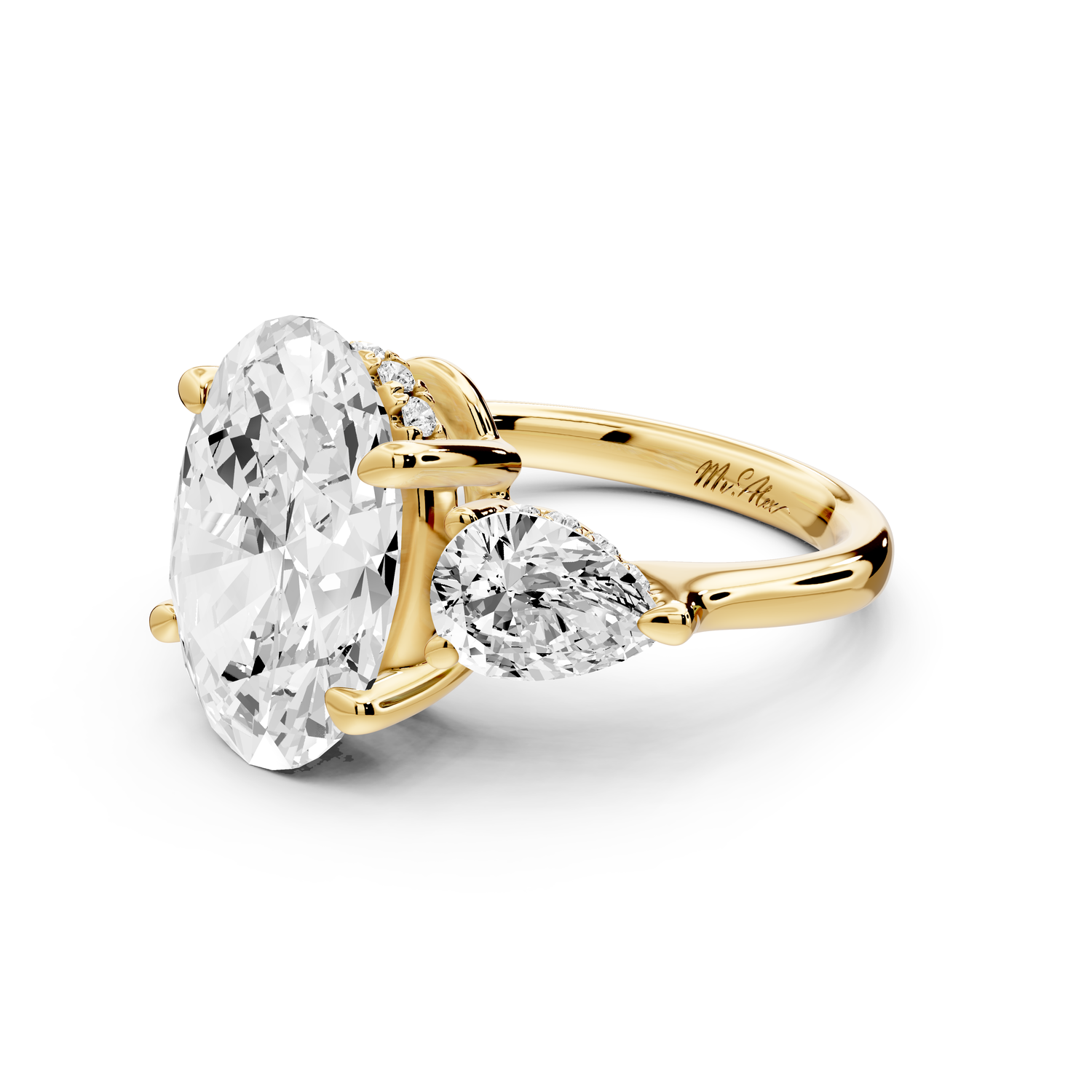 Stella - 5ct 14k yellow gold Three Stone oval with pears Hidden Halo Engagement Ring