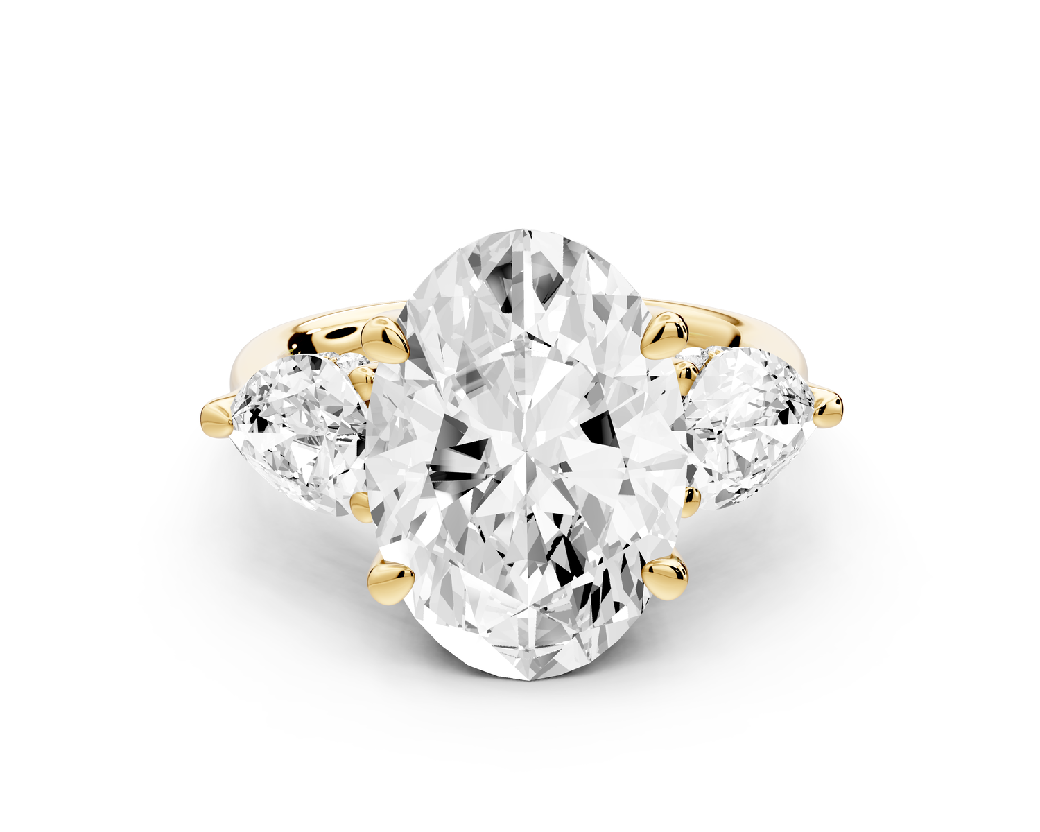 Stella - 5ct 14k yellow gold Three Stone oval with pears Hidden Halo Engagement Ring