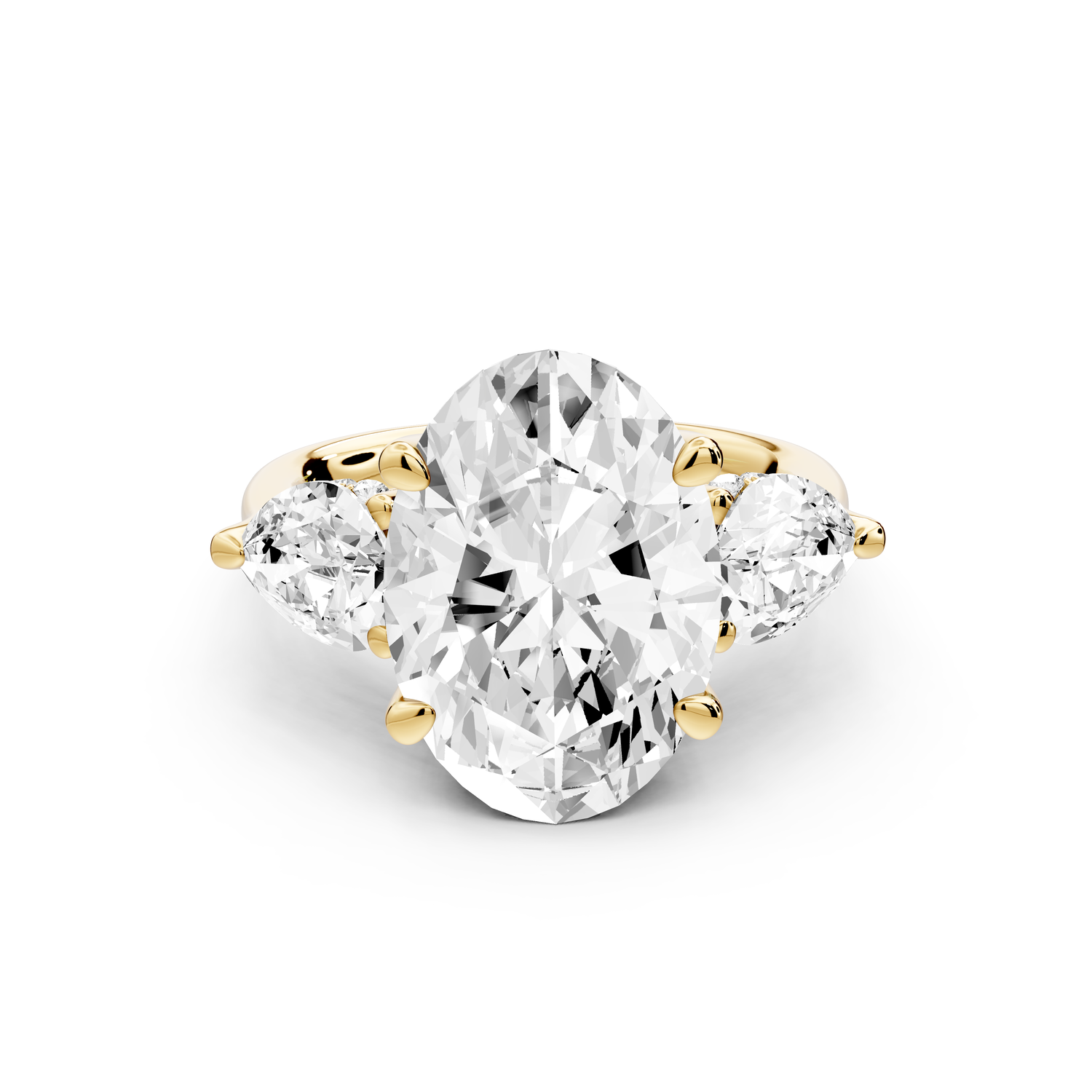 Stella - 5ct 14k yellow gold Three Stone oval with pears Hidden Halo Engagement Ring