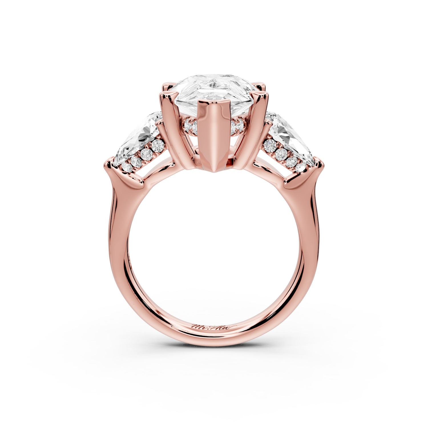 Stella - 5ct 14k rose gold Three Stone pear with pears Hidden Halo Engagement Ring