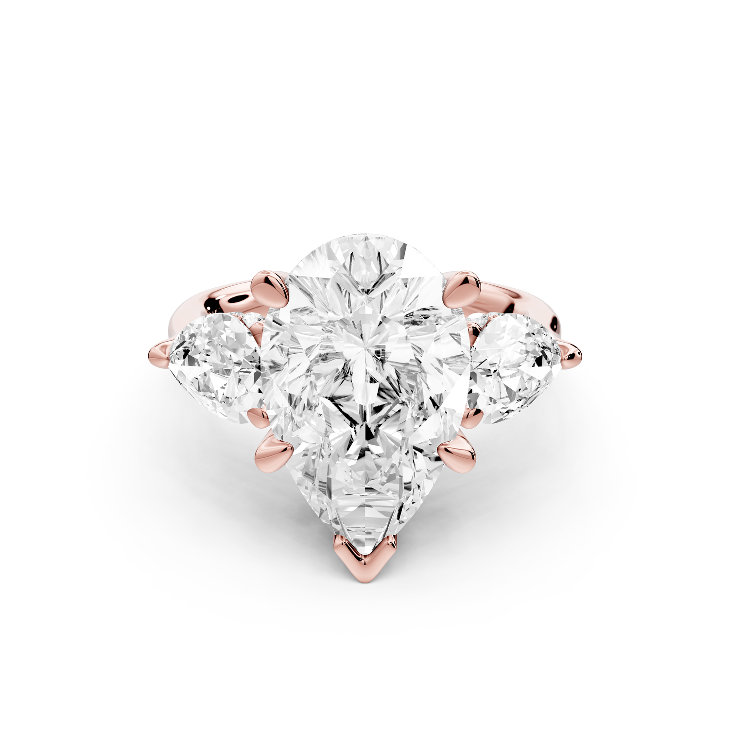 Stella - 5ct 14k rose gold Three Stone pear with pears Hidden Halo Engagement Ring
