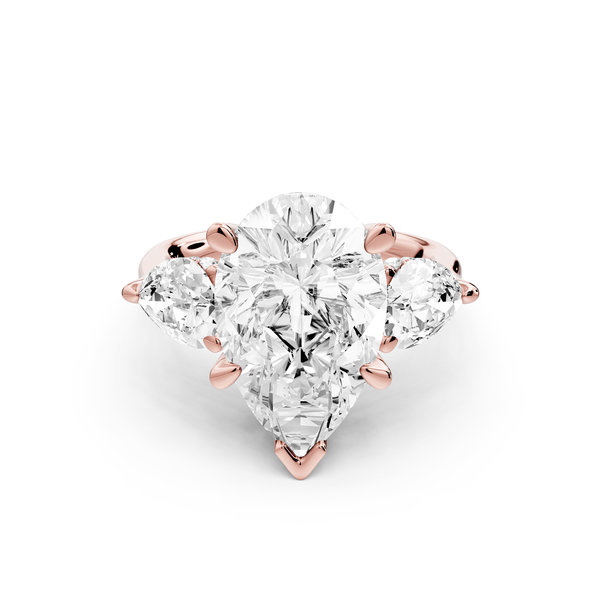 Stella - 5ct 14k rose gold Three Stone pear with pears Hidden Halo Engagement Ring