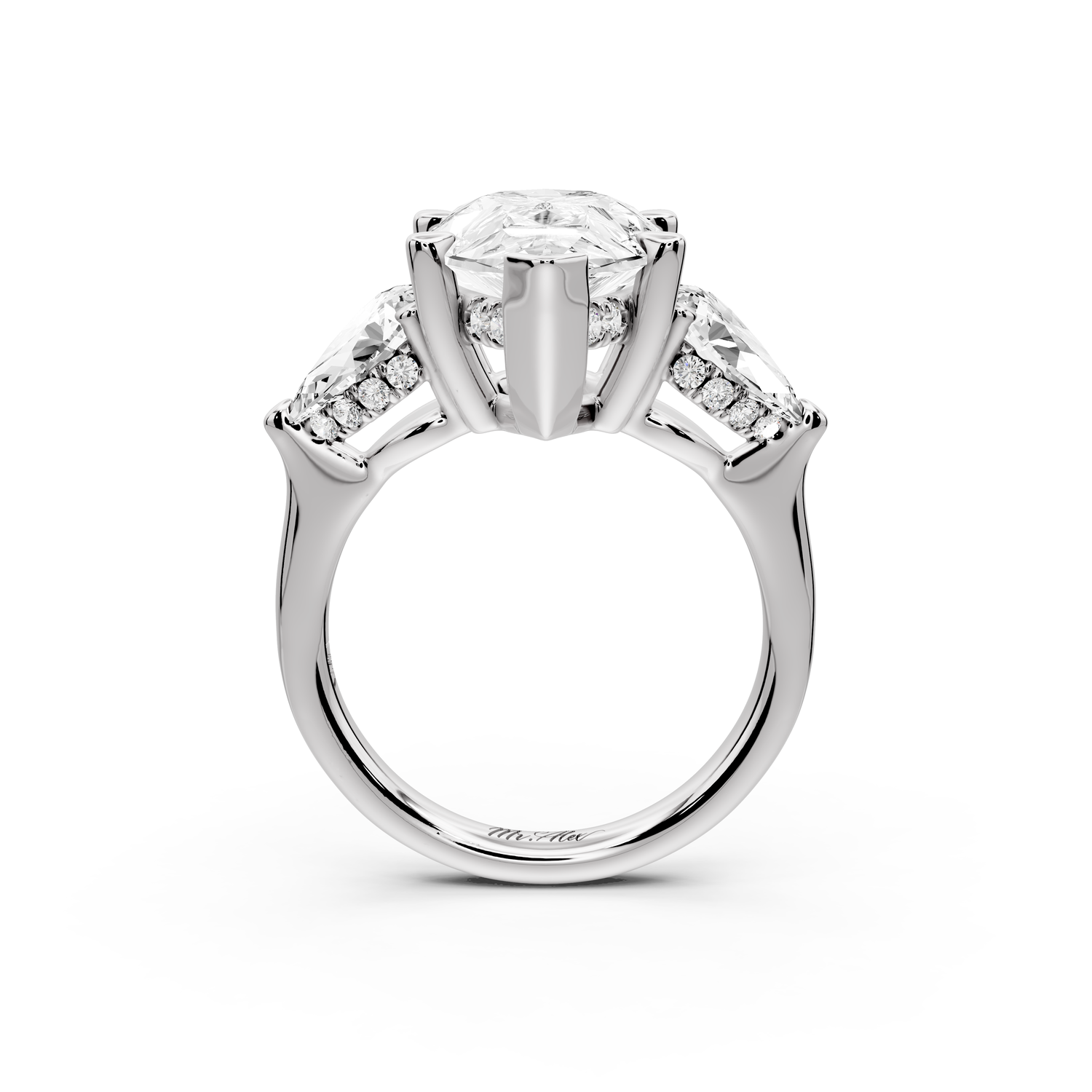 Stella - 5ct 14k white gold Three Stone pear with pears Hidden Halo Engagement Ring