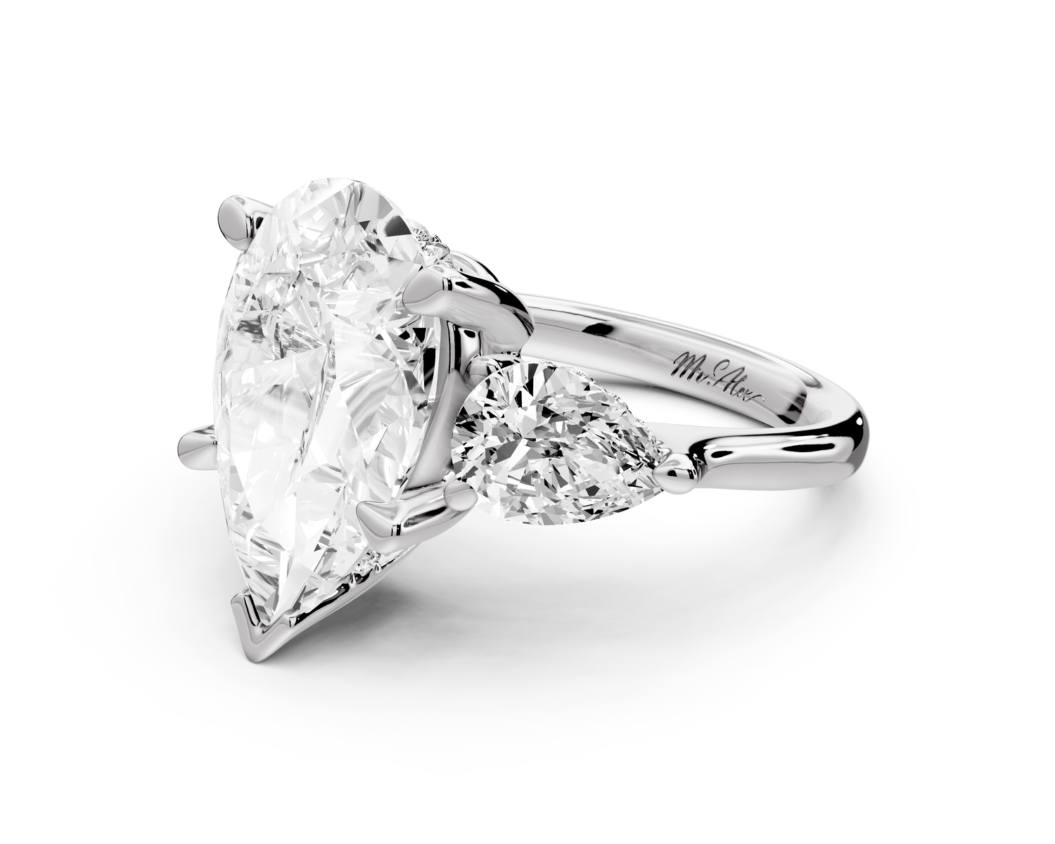Stella - 5ct 14k white gold Three Stone pear with pears Hidden Halo Engagement Ring