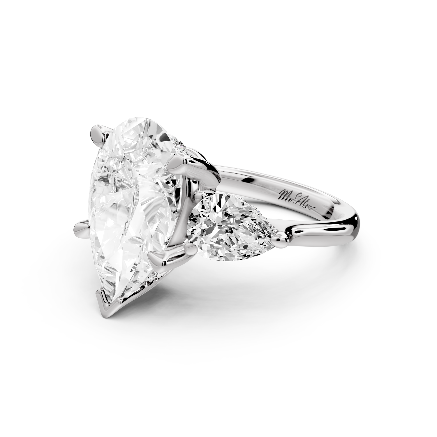 Stella - 5ct 14k white gold Three Stone pear with pears Hidden Halo Engagement Ring