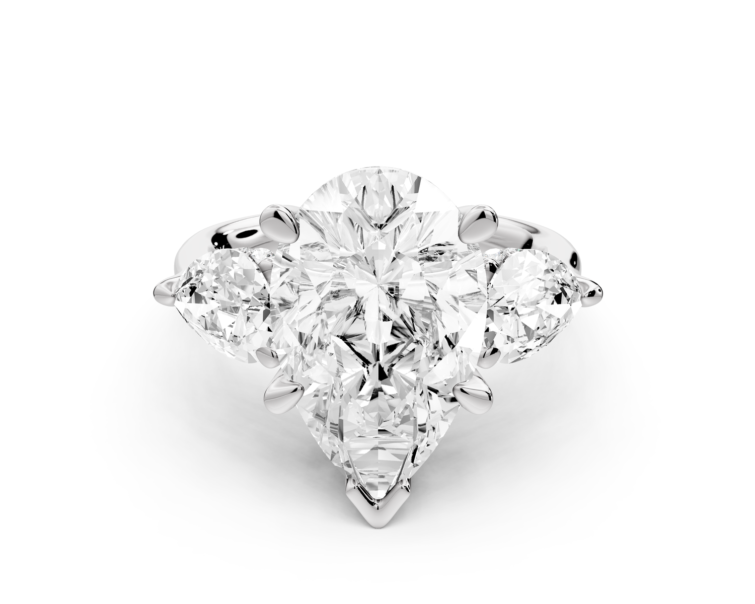 Stella - 5ct 14k white gold Three Stone pear with pears Hidden Halo Engagement Ring