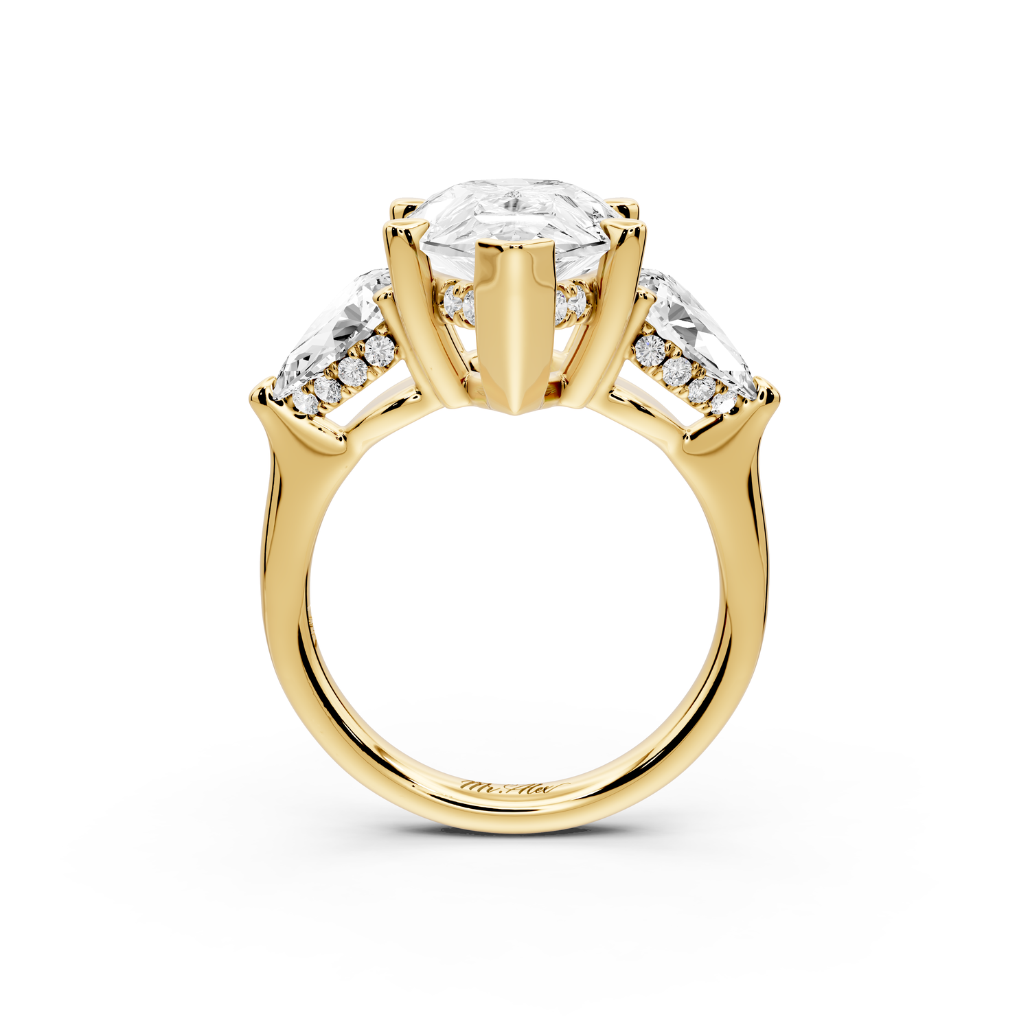 Stella - 5ct 14k yellow gold Three Stone pear with pears Hidden Halo Engagement Ring